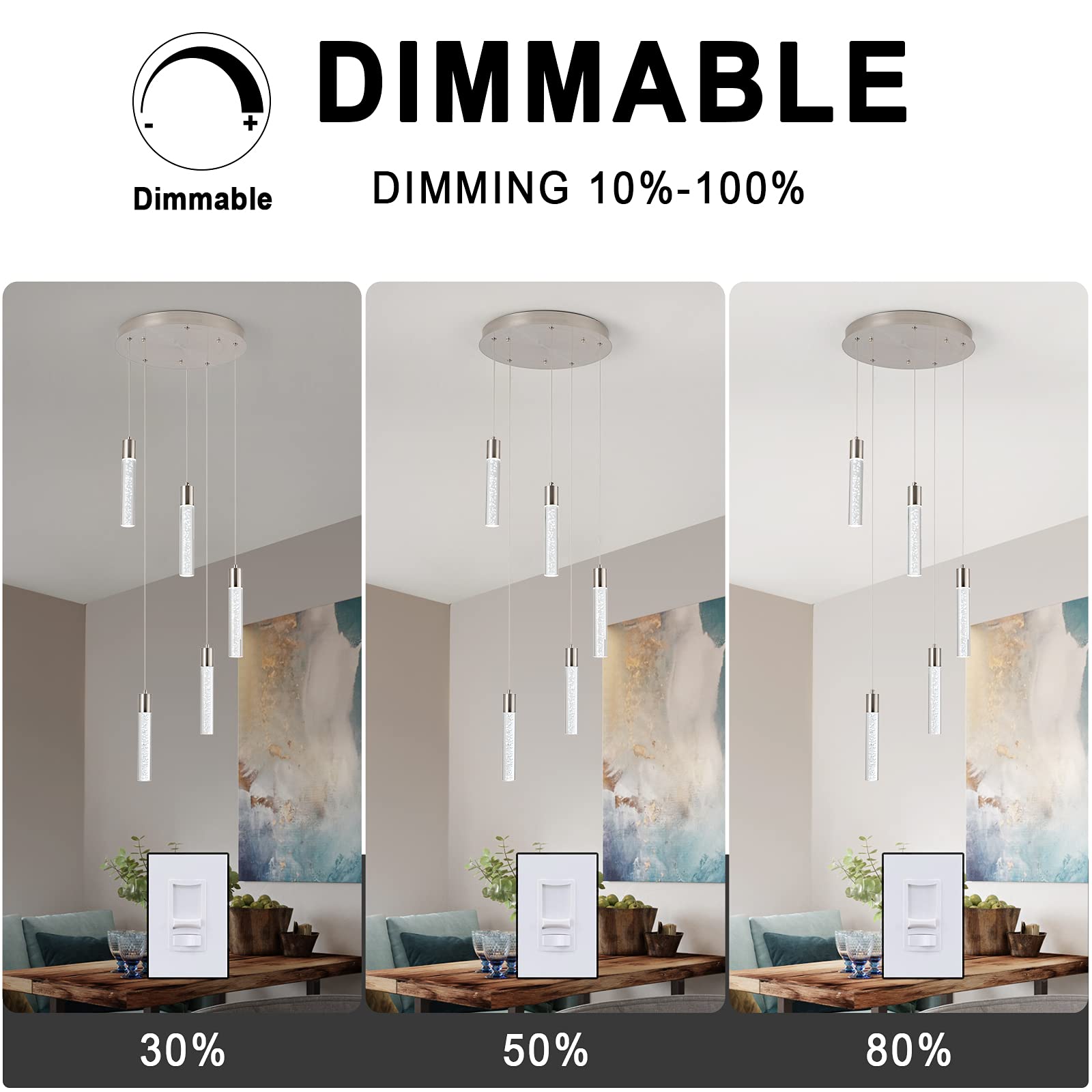 votag 5-Light Pendant Light for Kitchen Island, Dimmable Crystal, Nickel, Model A174