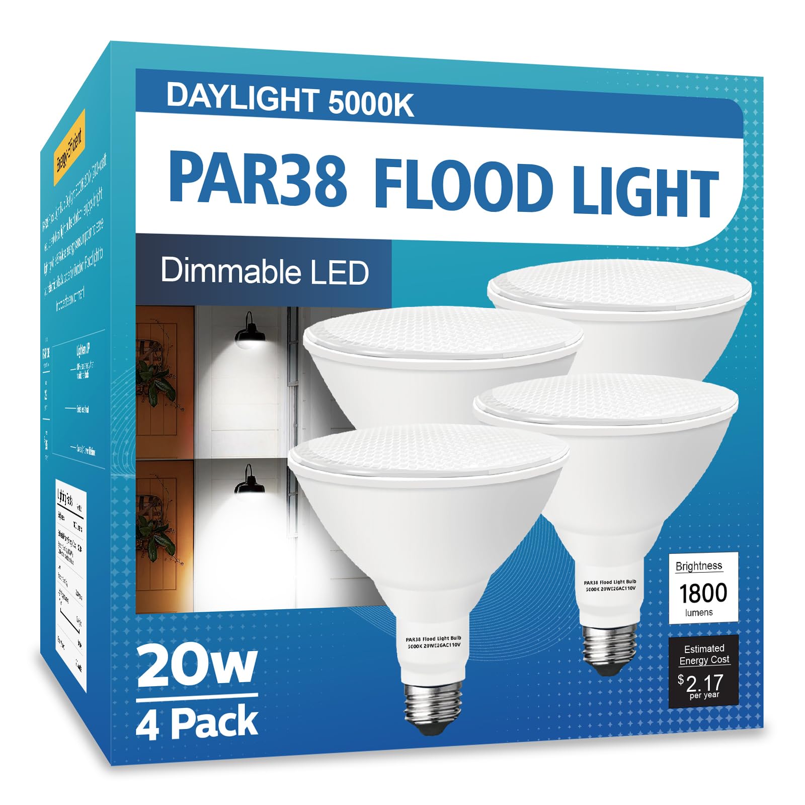 Loxyee Par38 Led Outdoor Flood Light Bulbs 4 Pack,Dimmable 20W(200W Equivalent) E26 Base Flood Light Bulbs,5000K Daylight 1800 L