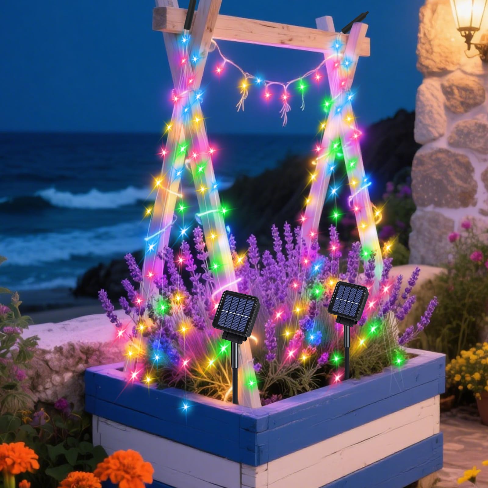 ANGMLN Solar Fairy String Lights, 200 LEDs, 8 Modes, Waterproof, Multicolor, Model MBDC-multi-color-1, Outdoor Garden Decor