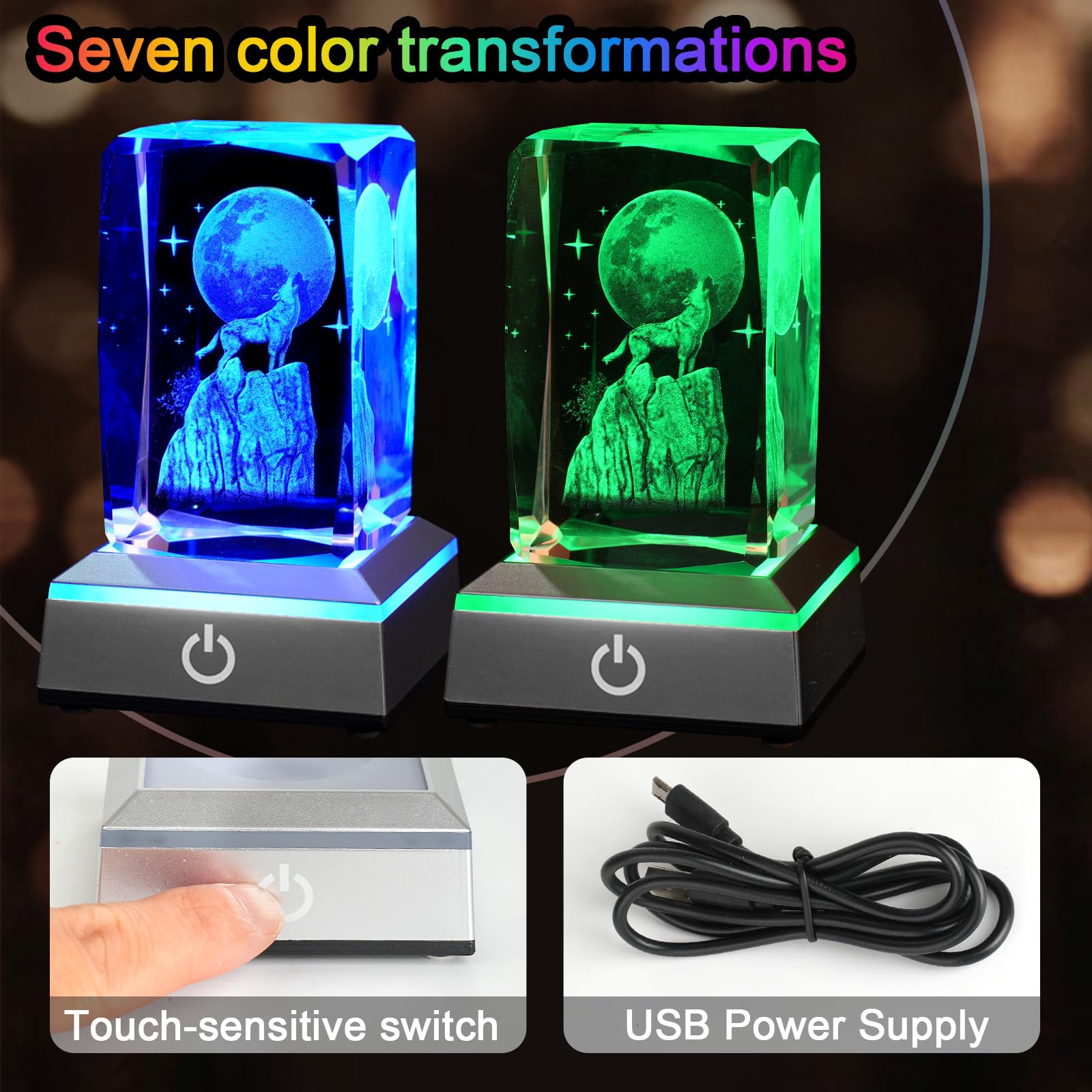 Eicxjui 3D Wolf Crystal Night Light With Multicolor Led Base Glass Laser Engraved Wolf Figurines Statue Gifts For Boys Girls Bir