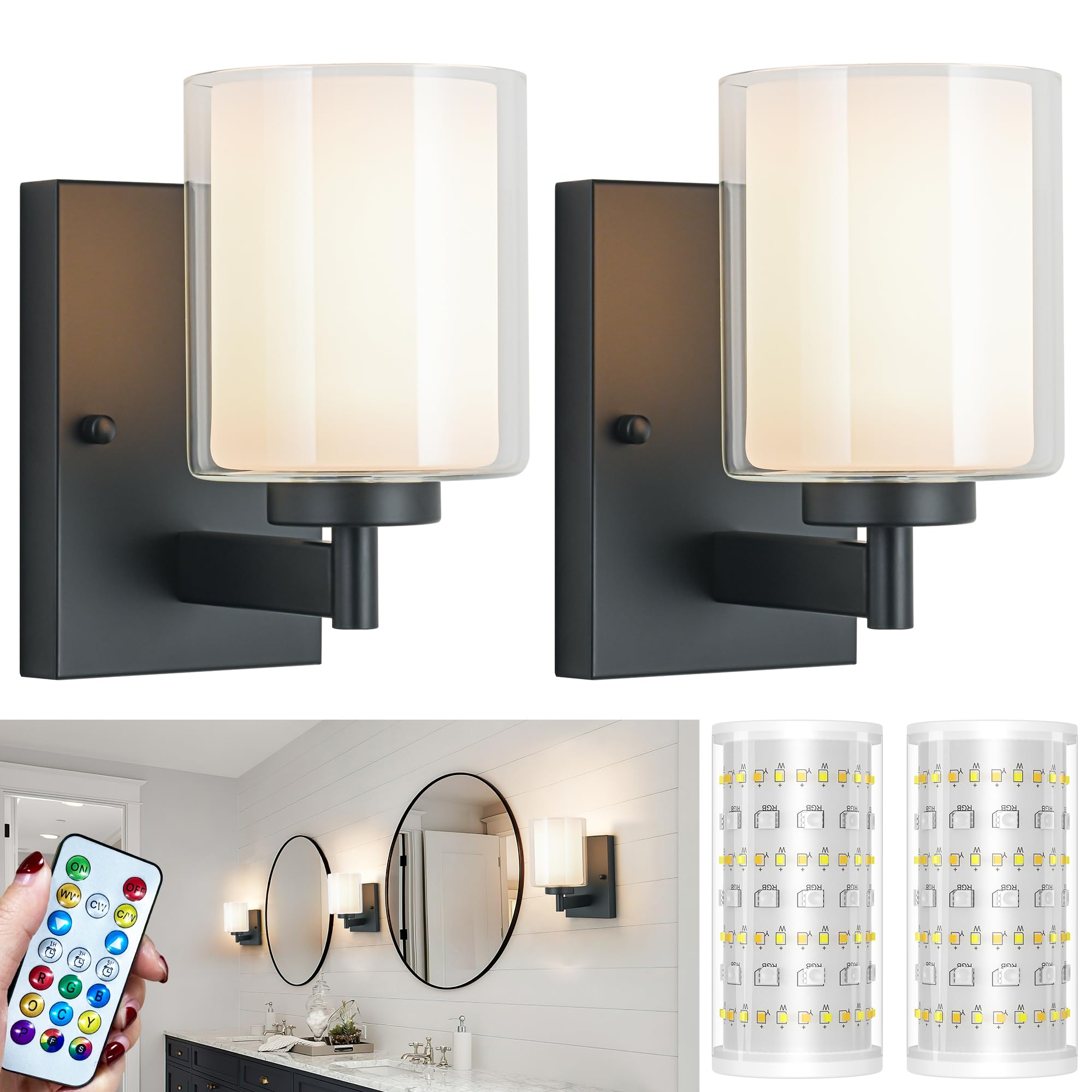 Battery Operated Wall Sconce Set Of 2, 10000Mah Wireless Rechargeable Wall Sconce With Remote Control, Rgb Dimmable Bathroom Lig