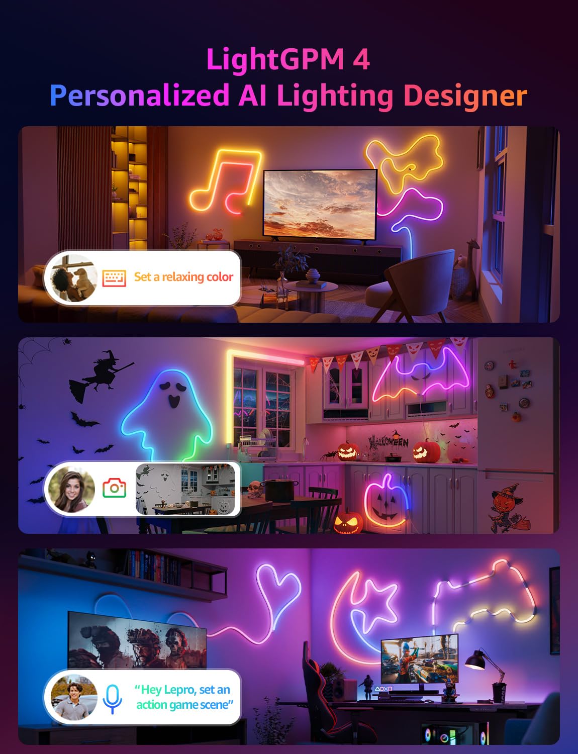 Lepro N1 AI Smart RGB Rope Lights, 32.8ft Multicolor LED Strip, Voice Control, Music Sync, App Compatible