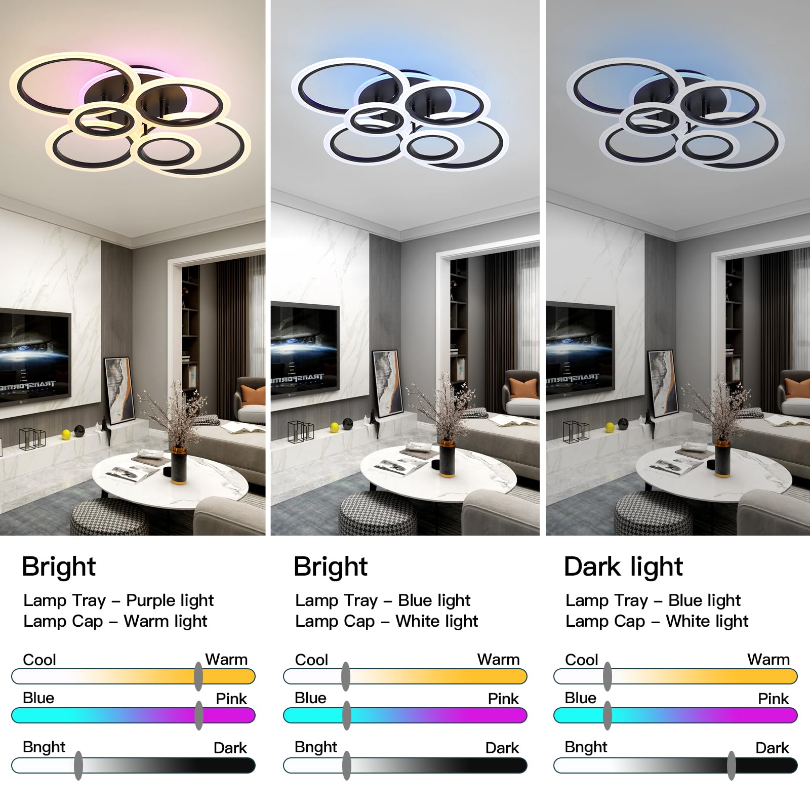 Stch Modern Led Flush Mount Ceiling Light Dimmable, Ceiling Light Fixture With Remote, Black 6 Rings Lighting Fixture Ceiling La