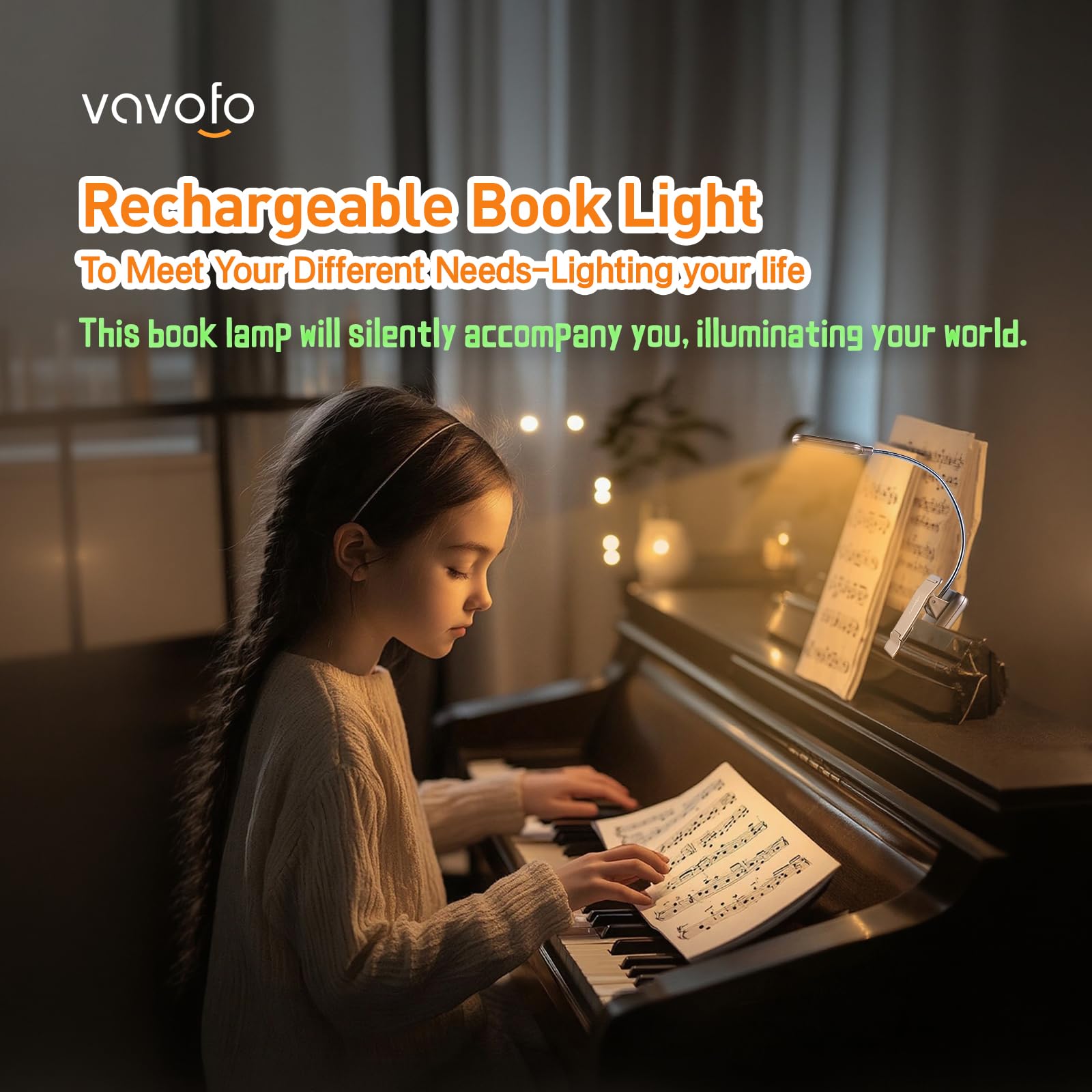 VAVOFO Rechargeable Book Light, 7 LED, 9-Level Warm Cool White, Eye Care, Champagne Gold, Model KM-6720