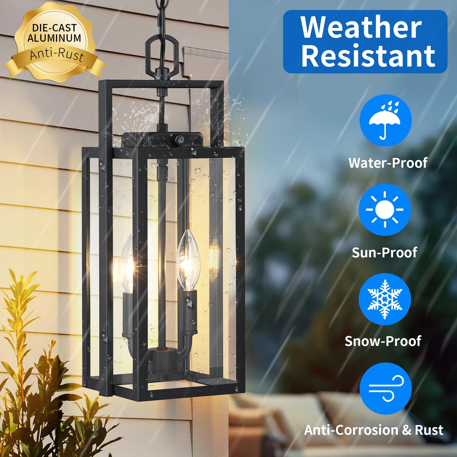 Large Outdoor Pendant Light 2-Light, 17.75'' Dusk To Dawn Modern Black Metal Outside Chandelier Exterior Hanging Fixture Ceiling Mount With Clear Glass For Front Porch Entrance Entryway, 1 Pack