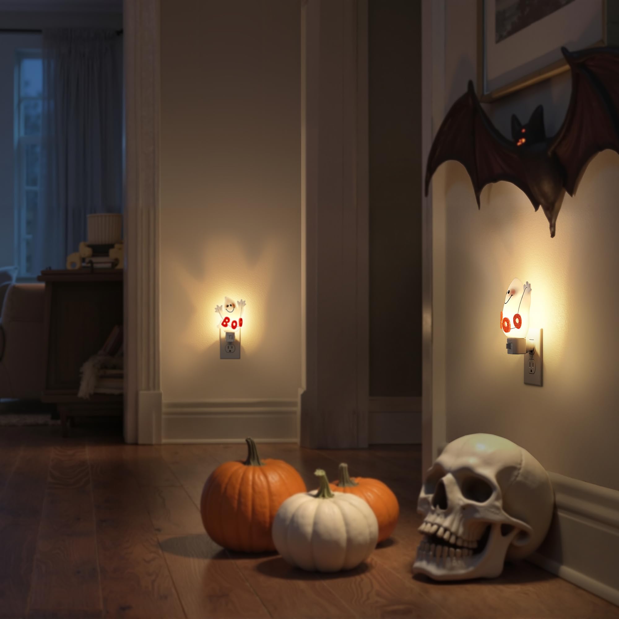 DORESshop Halloween Night Light Plug in, Ghost Night Lights, 2 Count, Warm White, 360° Rotatable, Cute Decorative for Kids & mature-themeds