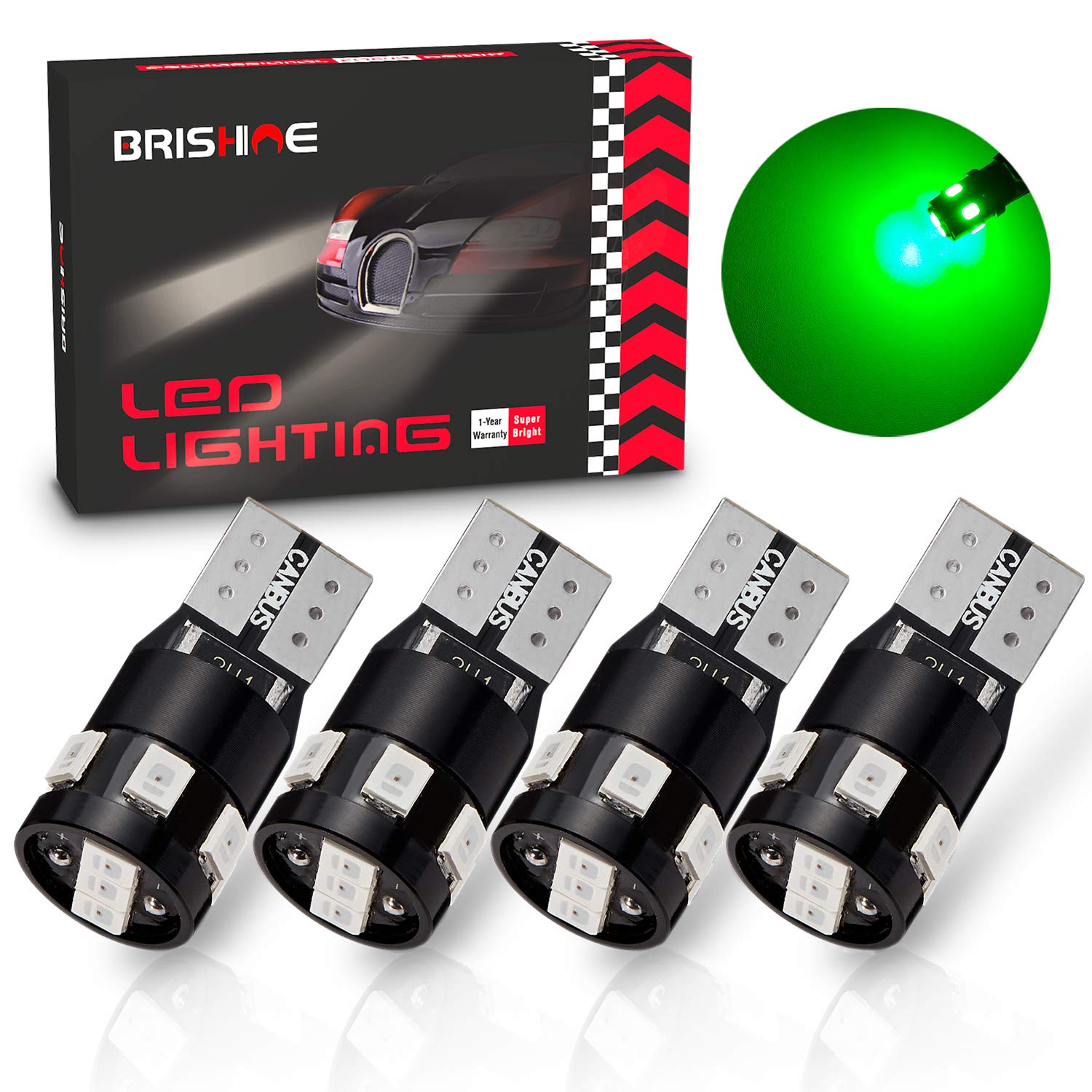 BRISHINE 194 T10 LED Bulbs Green 9-SMD 2835 Chipsets for Dome Map License Plate Lights