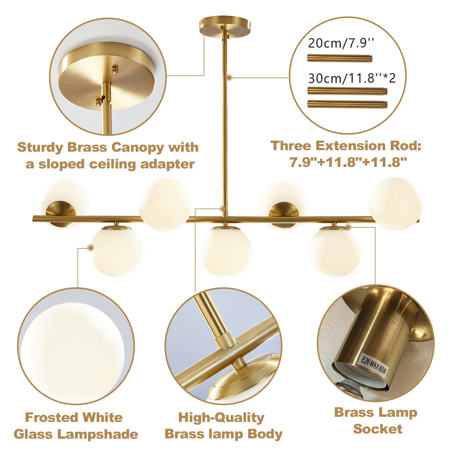 KCO Modern Brass Linear Chandelier Pendant Light, 7-Lights, Gold & White Glass, Mid Century Design for Living Room & Kitchen, Model L1043