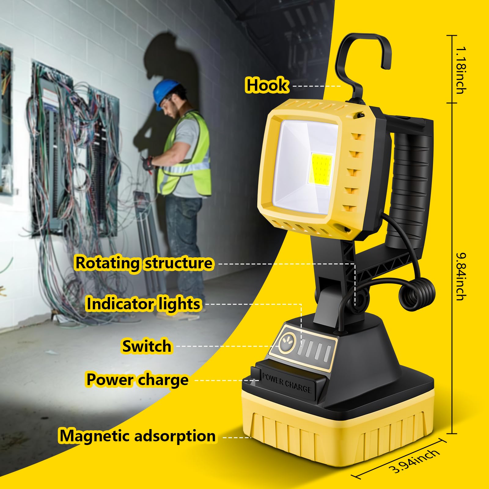 Wenfeng Rechargeable Led Work Light 6000 Lumen, 3 Modes Rotate Spotlight Flashlight, Magnetic Base And Hook Mechanic Light, Wate