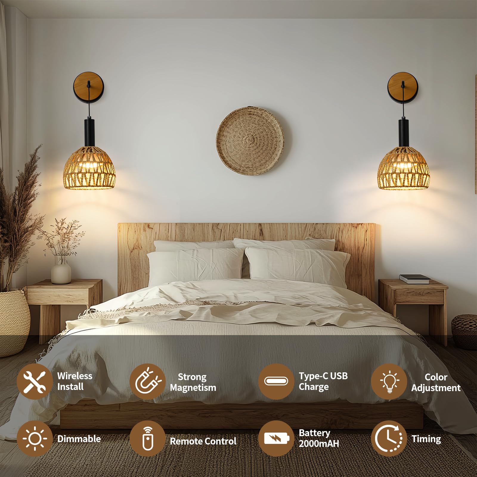Zlierop Rattan Wall Sconce Set of 2, Battery Operated, Remote Control, Dimmable, Black, Model 630686ab
