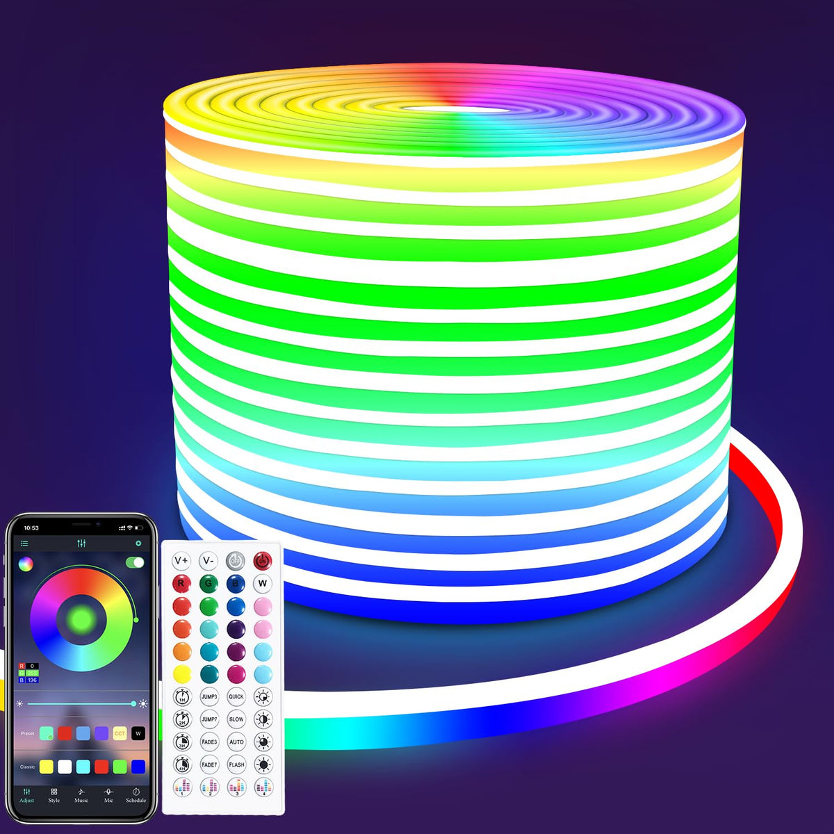 Vimeepro 50Ft Led Neon Rope Lights, Music Sync, Ip65 Waterproof, Rgb - Remote/App Control