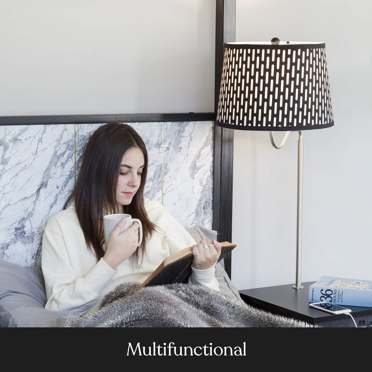 Brightech Madison Side Table With Lamp Combo With Led Bulb, Desk Lamp With Usb Port, Bedside Reading Lamp, Modern End Table With Floor Lamp For Bedroom, Living Room, Office - Black