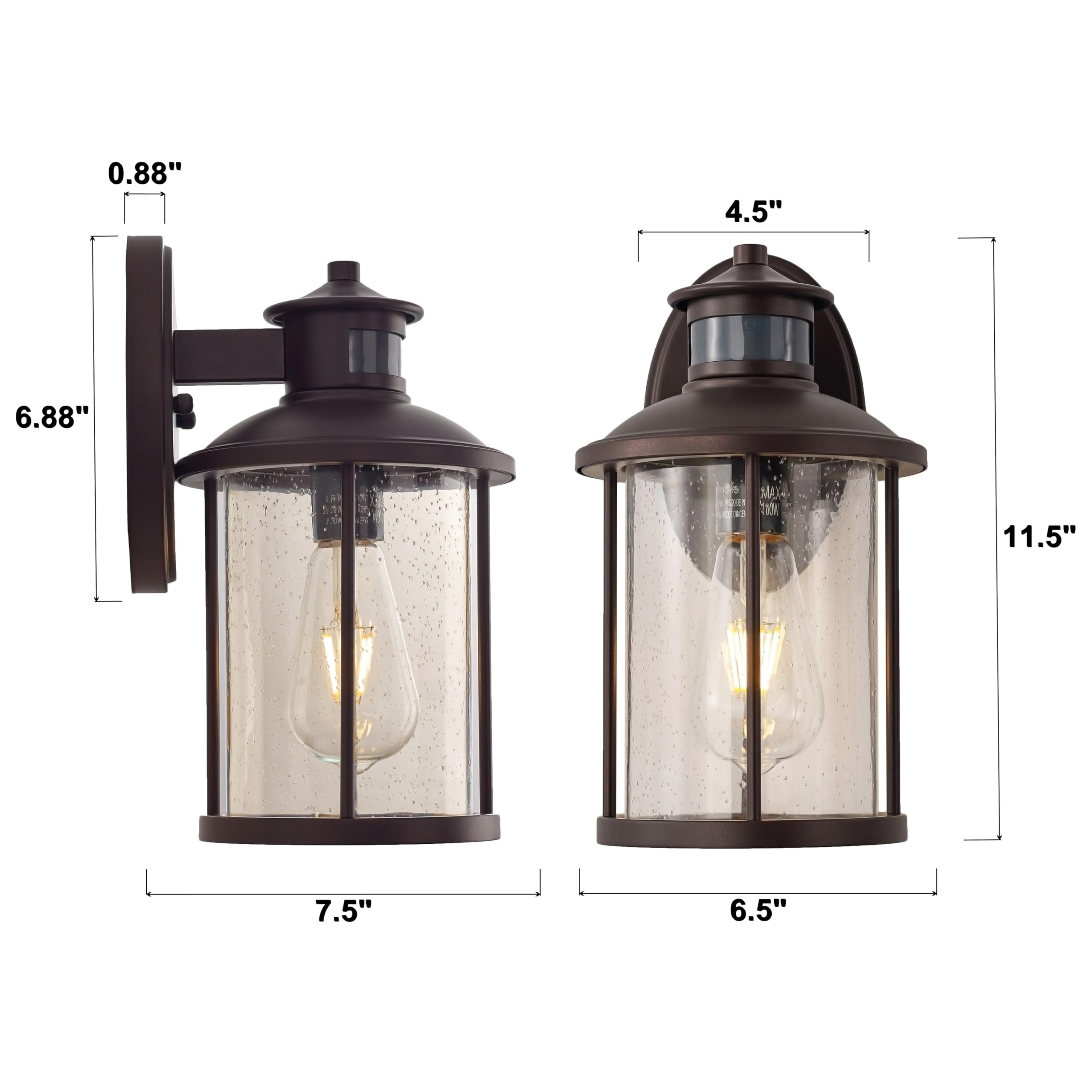 MICSIU 11.5 Inch Motion Sensor Wall Sconce 2 Pack, Dusk to Dawn Outdoor Lighting, Oil Rubbed Bronze, Clear Seedy Glass