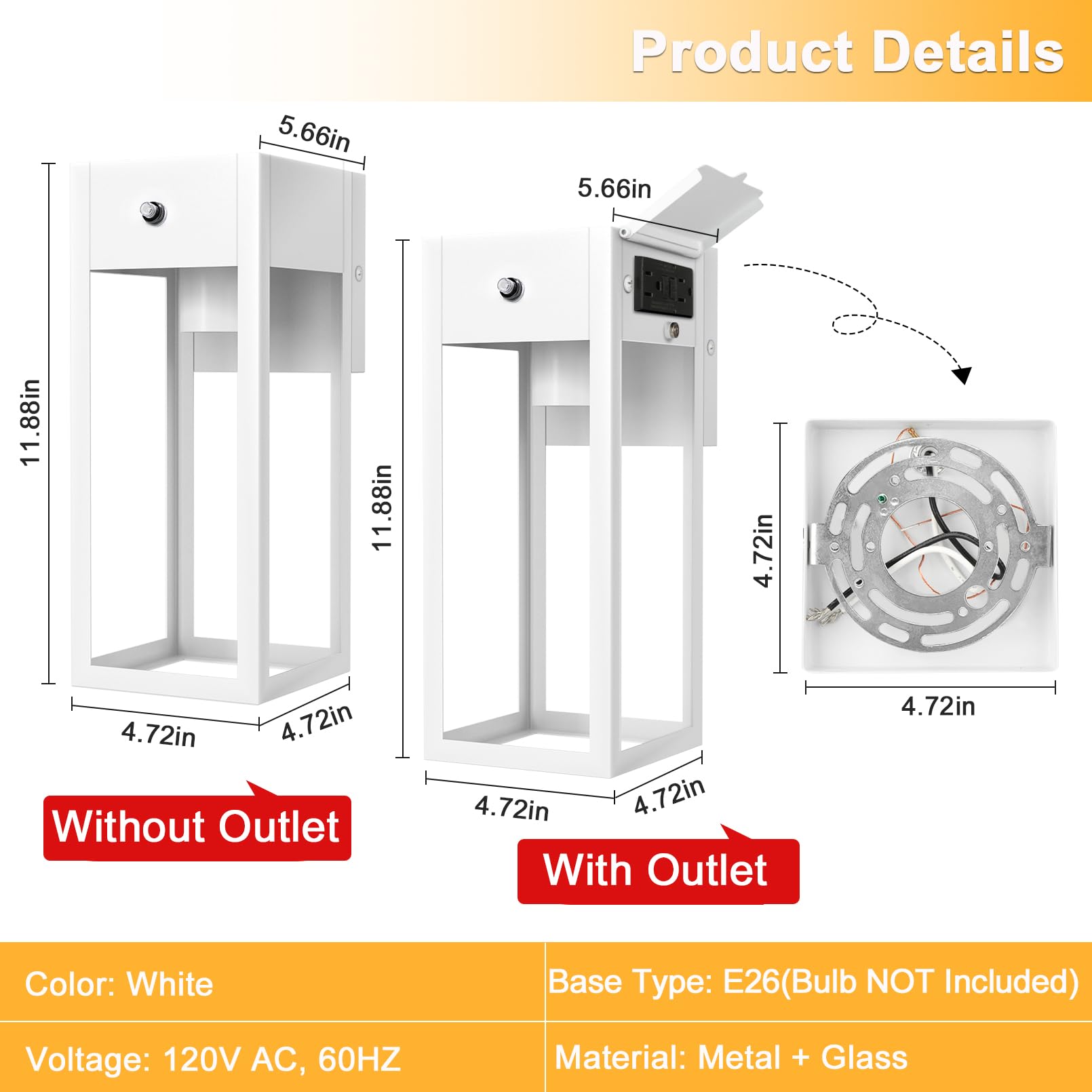 OYKYOHEI Outdoor Dusk to Dawn Wall Mount Light Fixture, White Metal, with Outlet for Porch and Garage