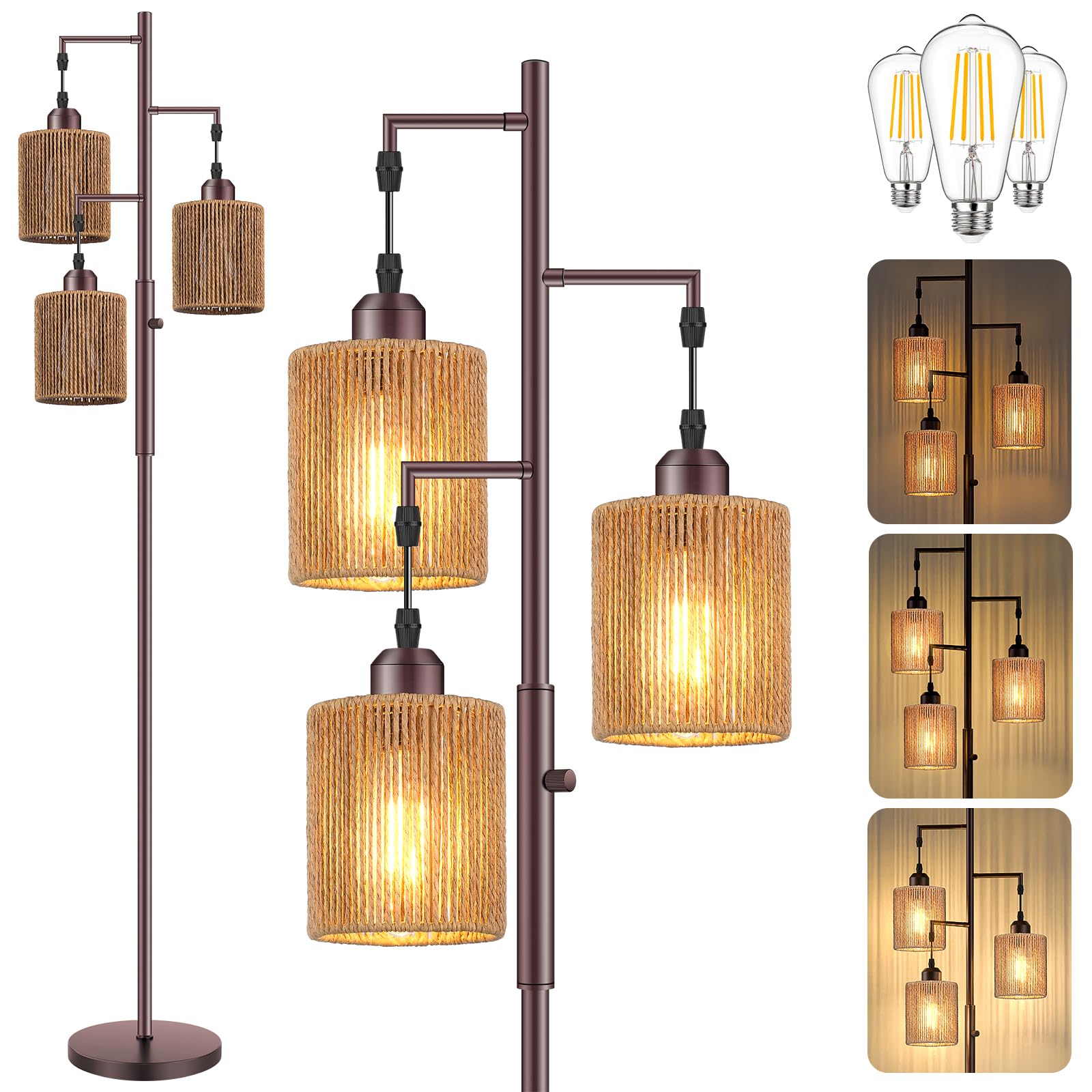 Hotsonic 72 Tall Boho Rattan Style Floor Lamp with Hand-Woven Paper Cord Shade, Dimmable Industrial Tree Standing Lamp for Livin