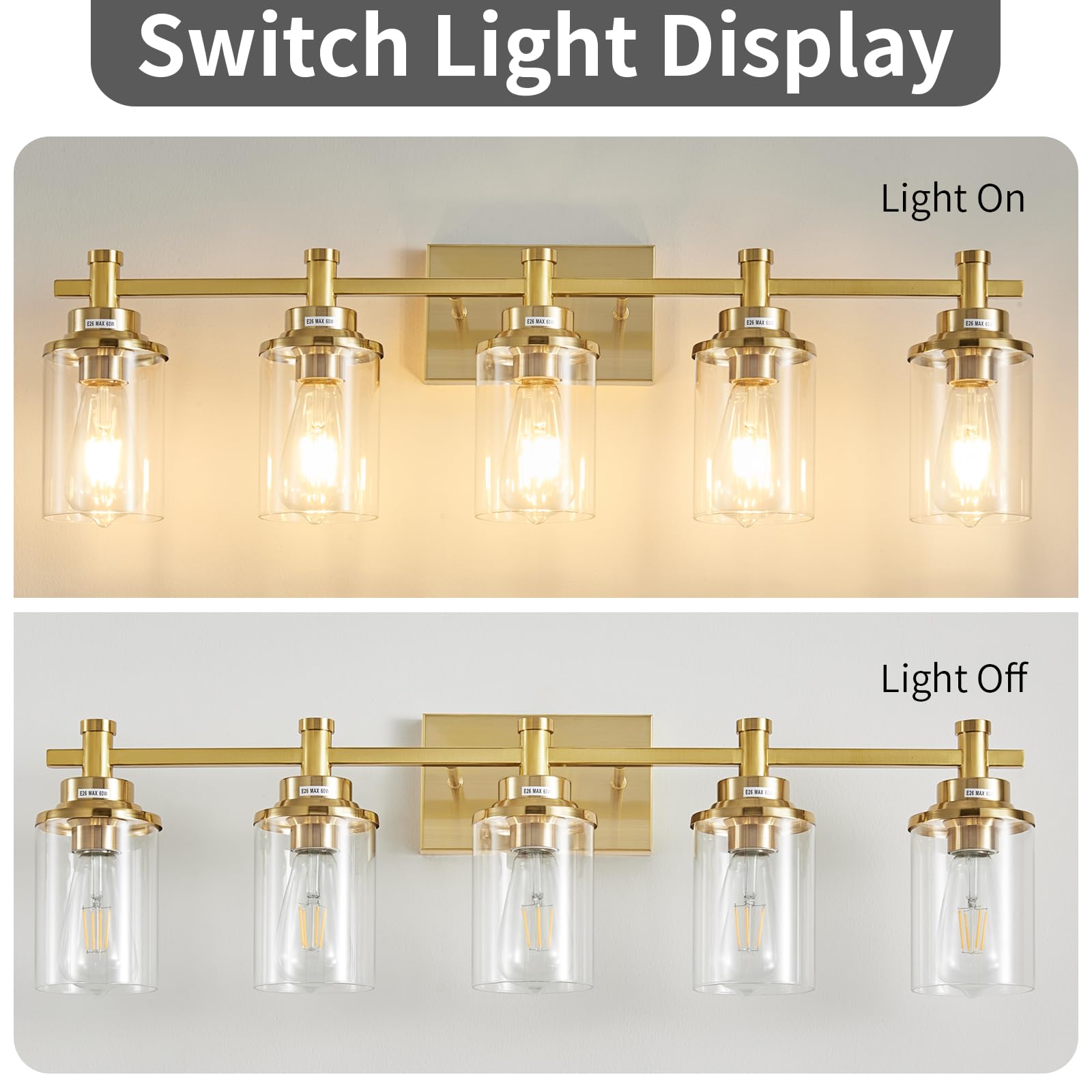 Aixialin 5-Light Modern Vanity Lights Over Mirror, Brushed Brass Bathroom Sconce With Clear Glass Shade