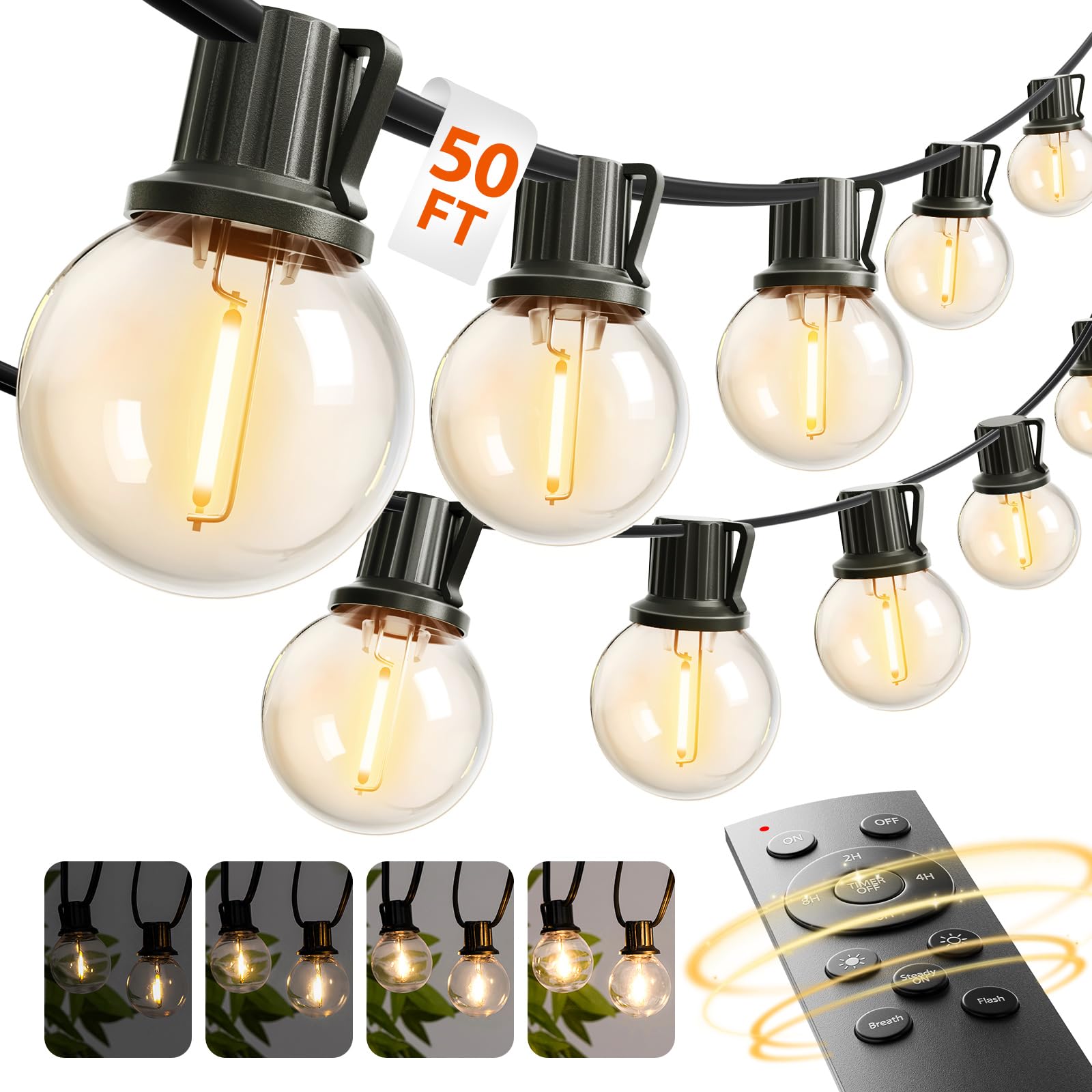 addlon Outdoor String Lights 50FT G40 with Remote, 27 LED Shatterproof Bulbs, Dimmable Patio Globe Lights Waterproof, Hanging Ou