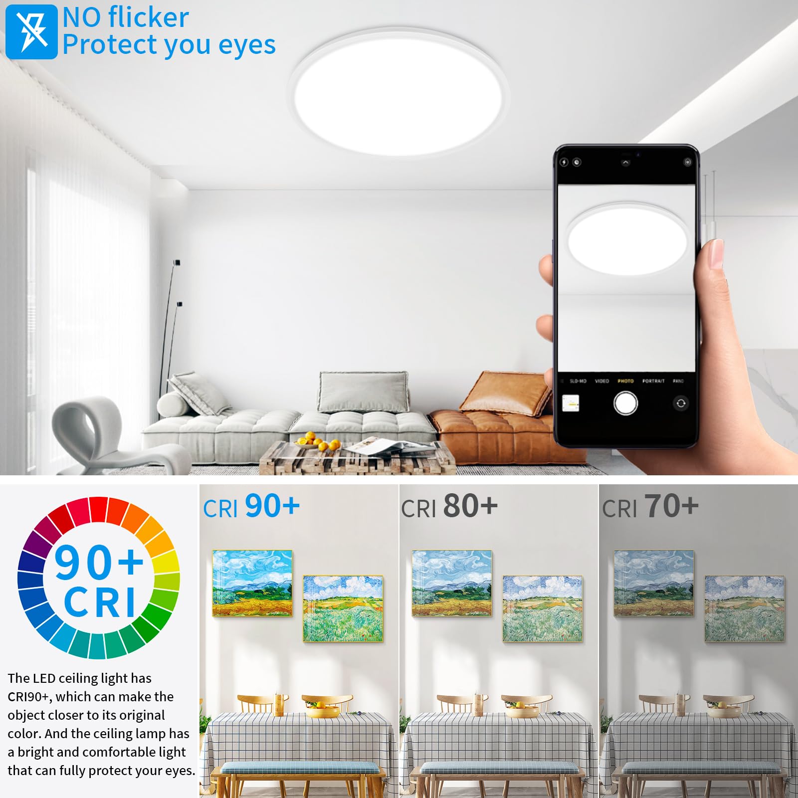 HOVENLA 24 Inch Dimmable LED Flush Mount Ceiling Light, 56W, 5600lm, White, Adjustable 3000K/4500K/6000K,
