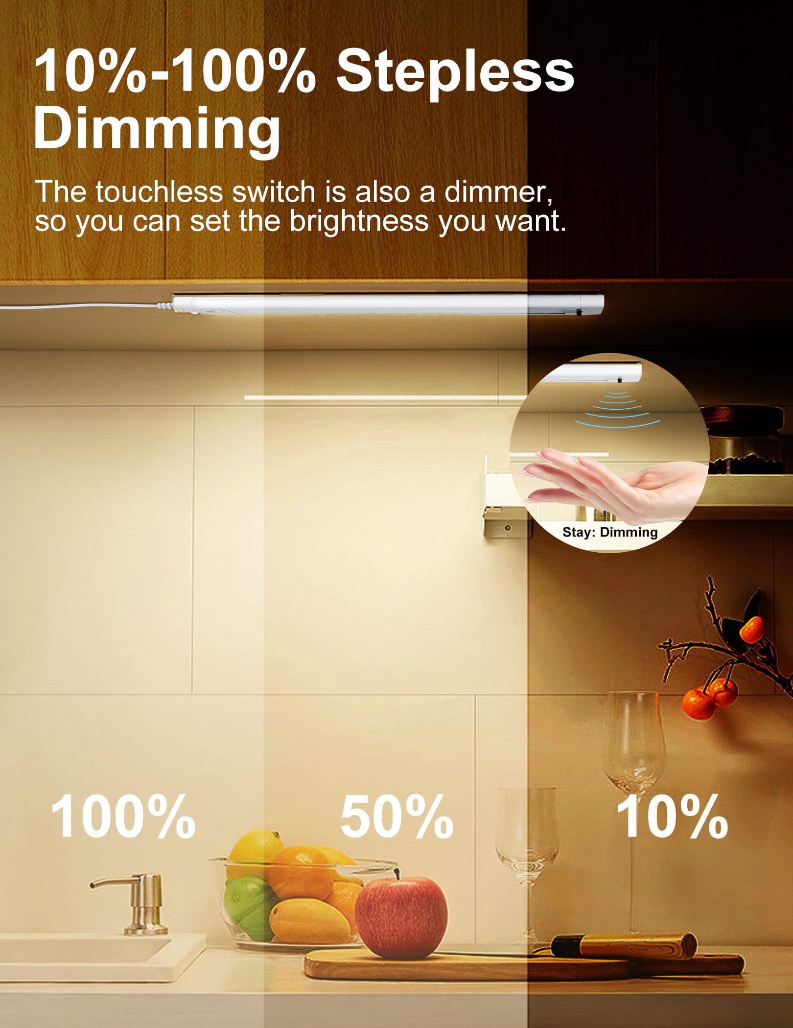 Under Cabinet Lights Plug In, 18 Inch Hand Wave Led Closet Light, 3 Color Temp 3000K/4000K/5000K Dimmable Under Counter Light, U