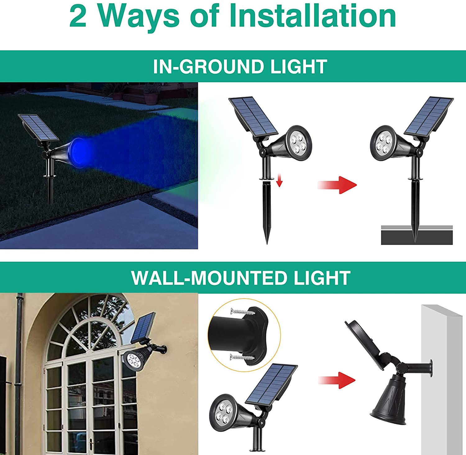T-SUNUS Blue Solar Garden Spotlights, Waterproof IP65, 2 Pack, Auto-on/Off, 2 Modes for Outdoor Use
