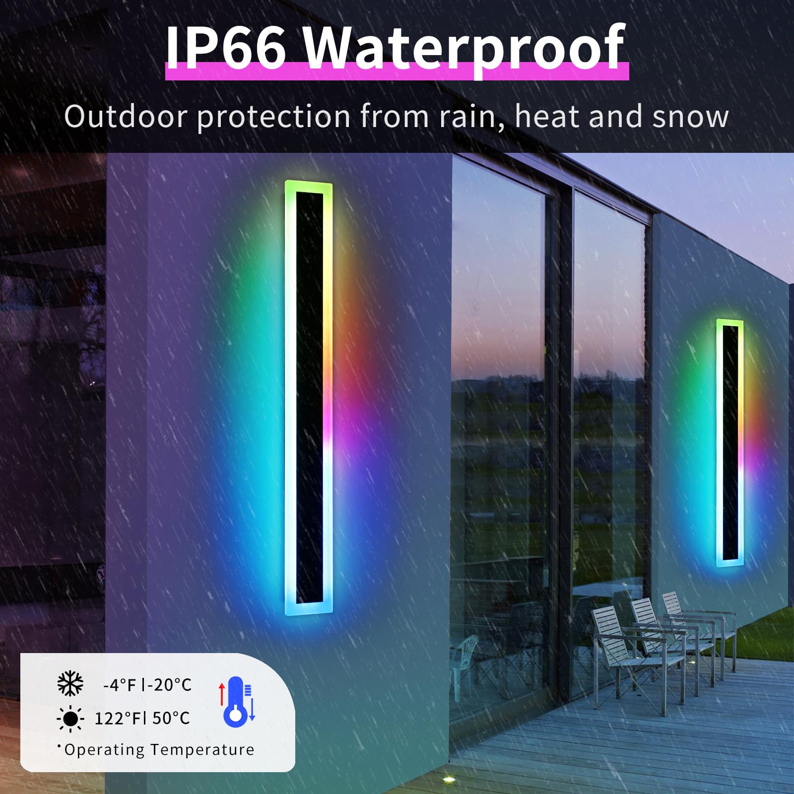 Widened 2 Pack Modern Rgb Outdoor Wall Light, 47.2Inch 10 Colors Dimmable Led Wall Mount Sconces, 41W, Ip65 Waterproof, Long Lin