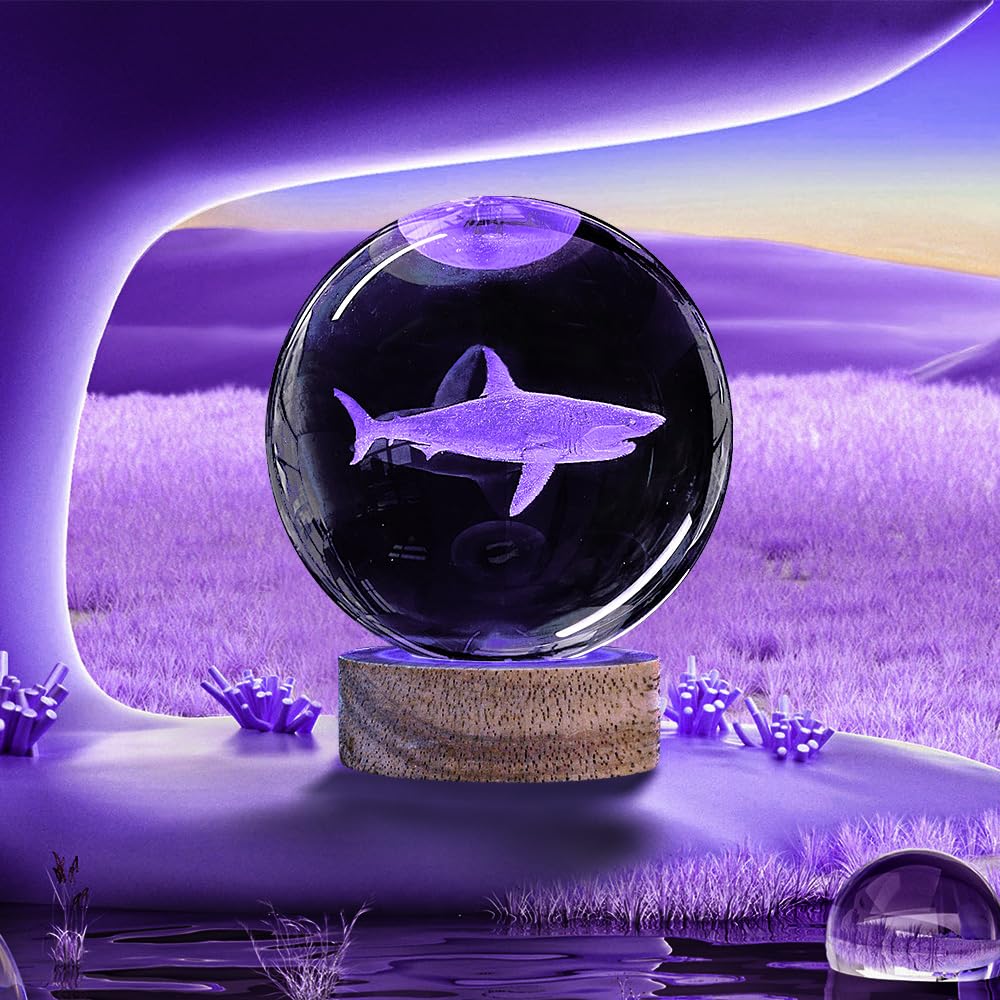 Oriamde 3D Shark Crystal Ball Night Light 3.15 Inch Shark Glass Ball Lamp With 16 Color Wooden Base And Remote Shark Figurines R