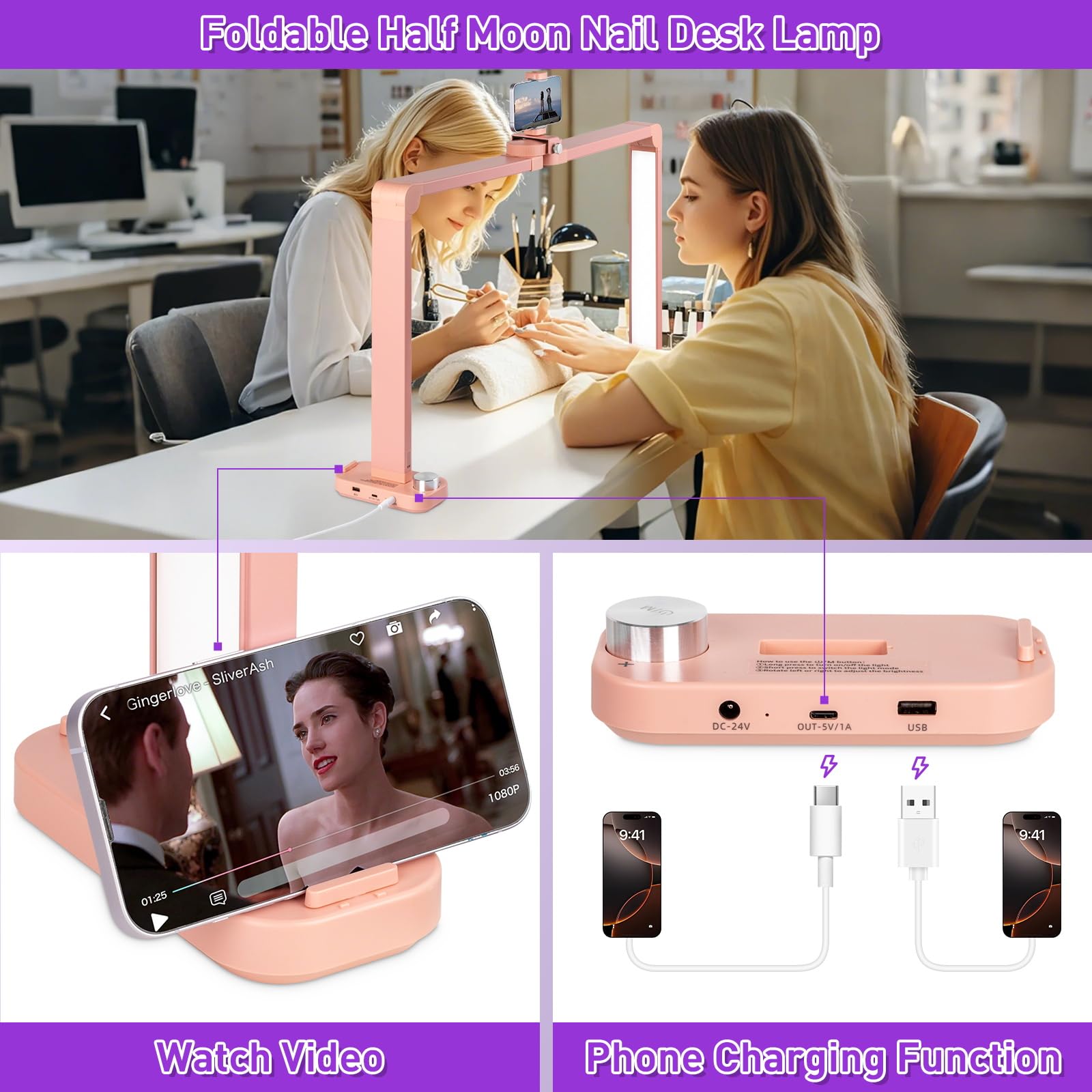 HITTI Nail Light Lamp, 34in Foldable with Phone Holder, Dimmable, Pink, Super Large, Model ZJD-Pink