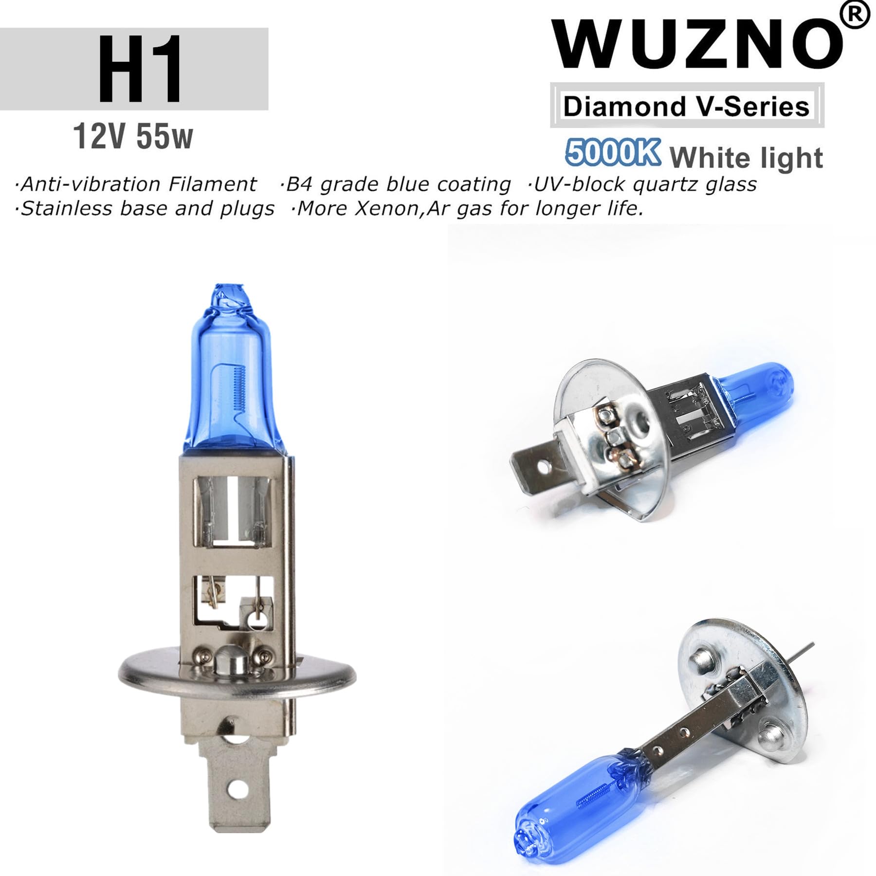 Wuzno H1 Halogen Headlight Bulb, 12V 55W, 5000K, Glass, 2-Pack, Model WZ-5K2H1