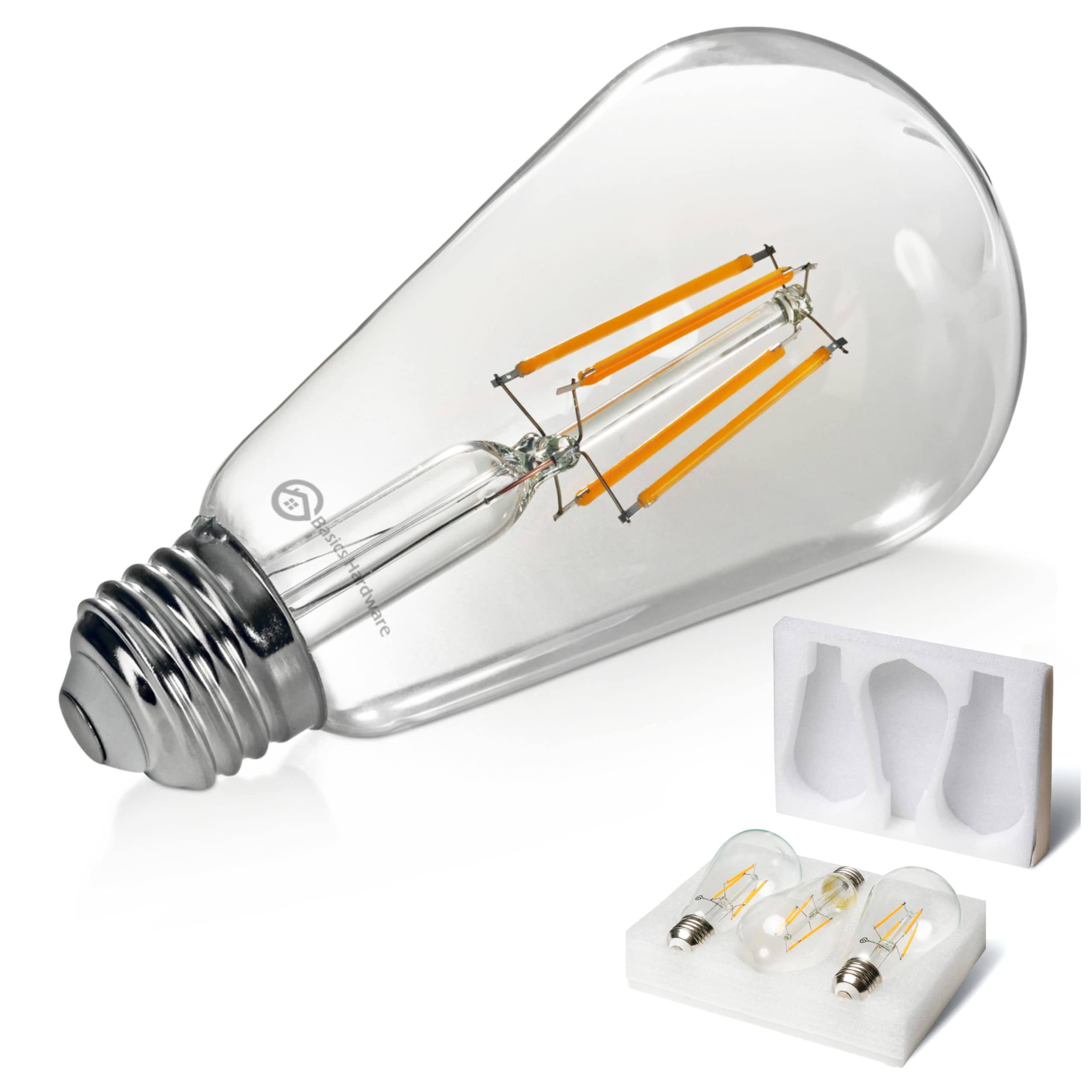 Basics Hardware LED Edison Light Bulbs - Dimmable Bulb, ST64 Vintage Style Decorative Lamp 2700k - Lasts 30k+ Hours, 60W, 110V,