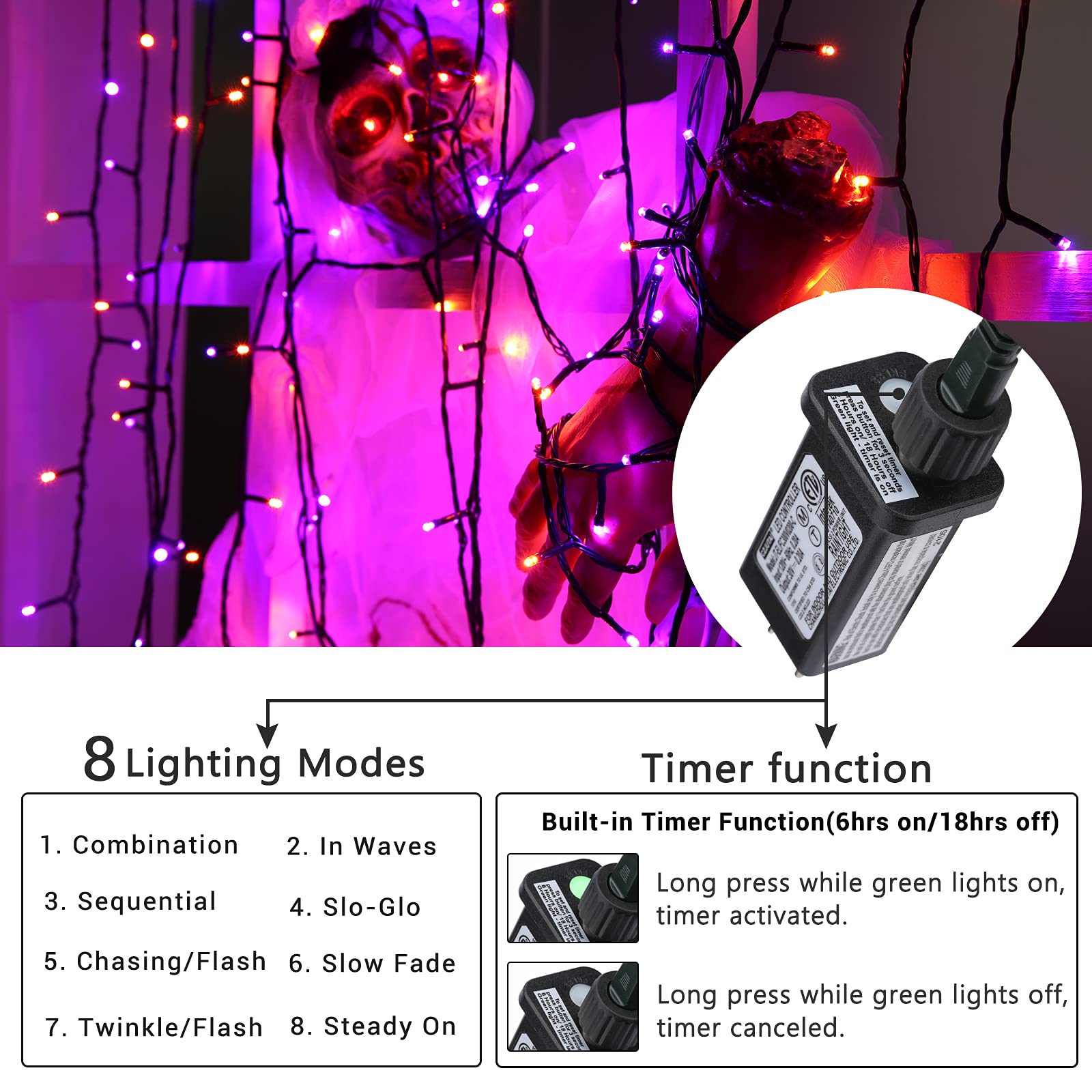 Toodour 131ft Plug-in String Lights, 350 LED, 8 Modes, Timer, Orange & Purple, Model JT-EL/FC300V0200-C, Outdoor Decor