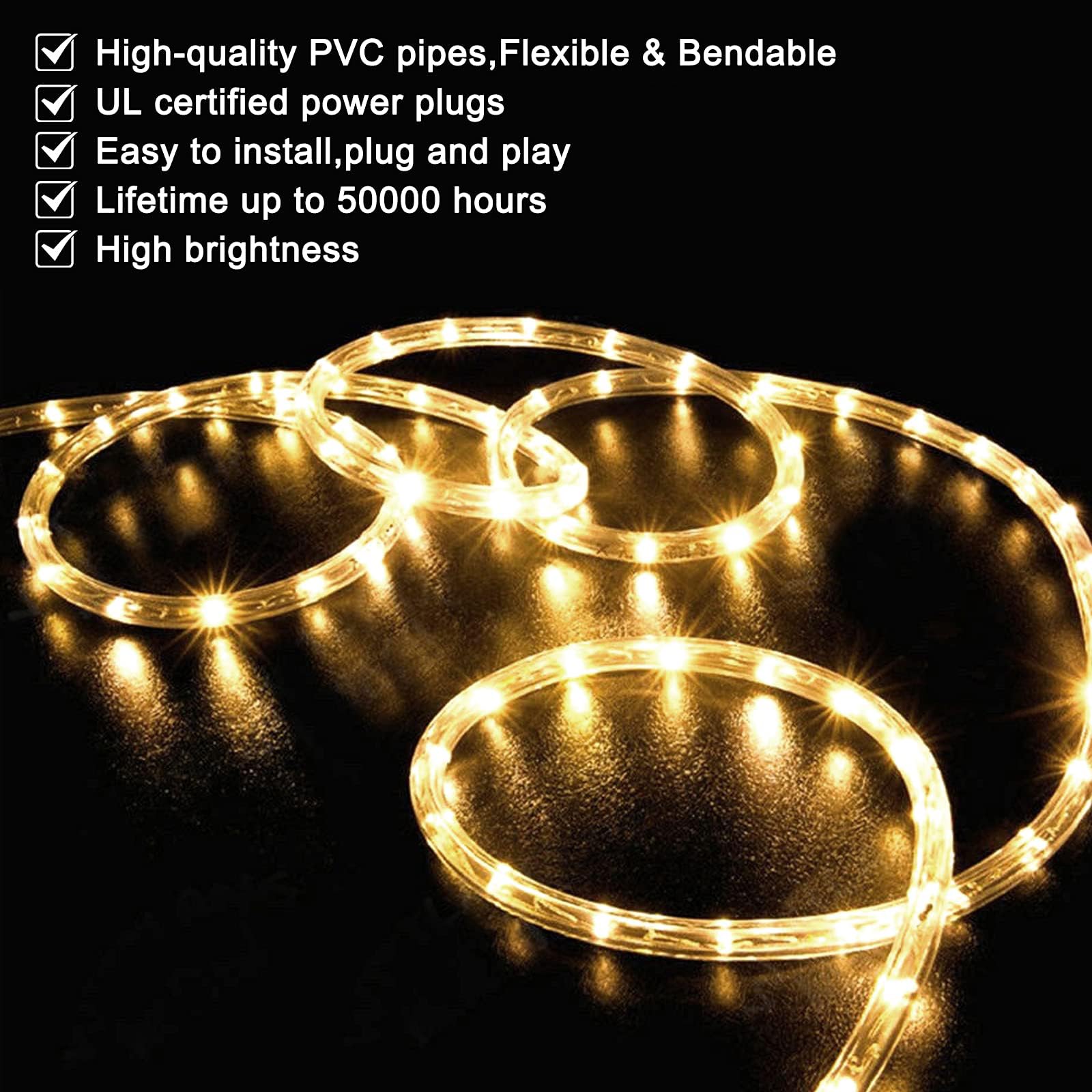 SURNIE LED Rope Lights Outdoor Warm White, Waterproof 25FT Cuttable 3000K Soft Lighting Indoor 110V Flexible Clear Tube for Bedr