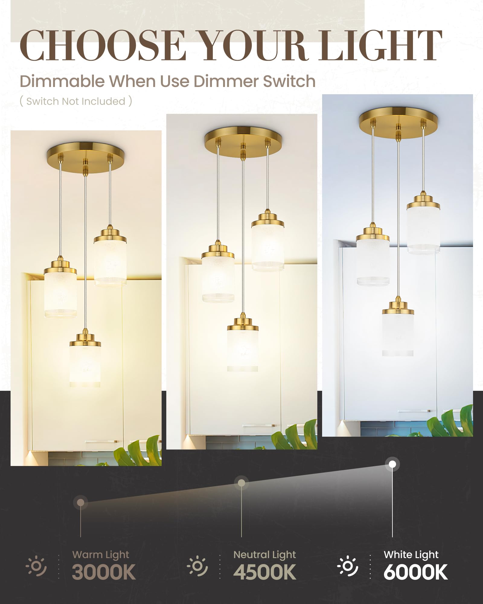 Tengxin Pendant Lights,3-Light Brushed Gold Pendant Light For Kitchen Island,Hanging Lamp Ceiling Light Fixture,Glass Pendant Li