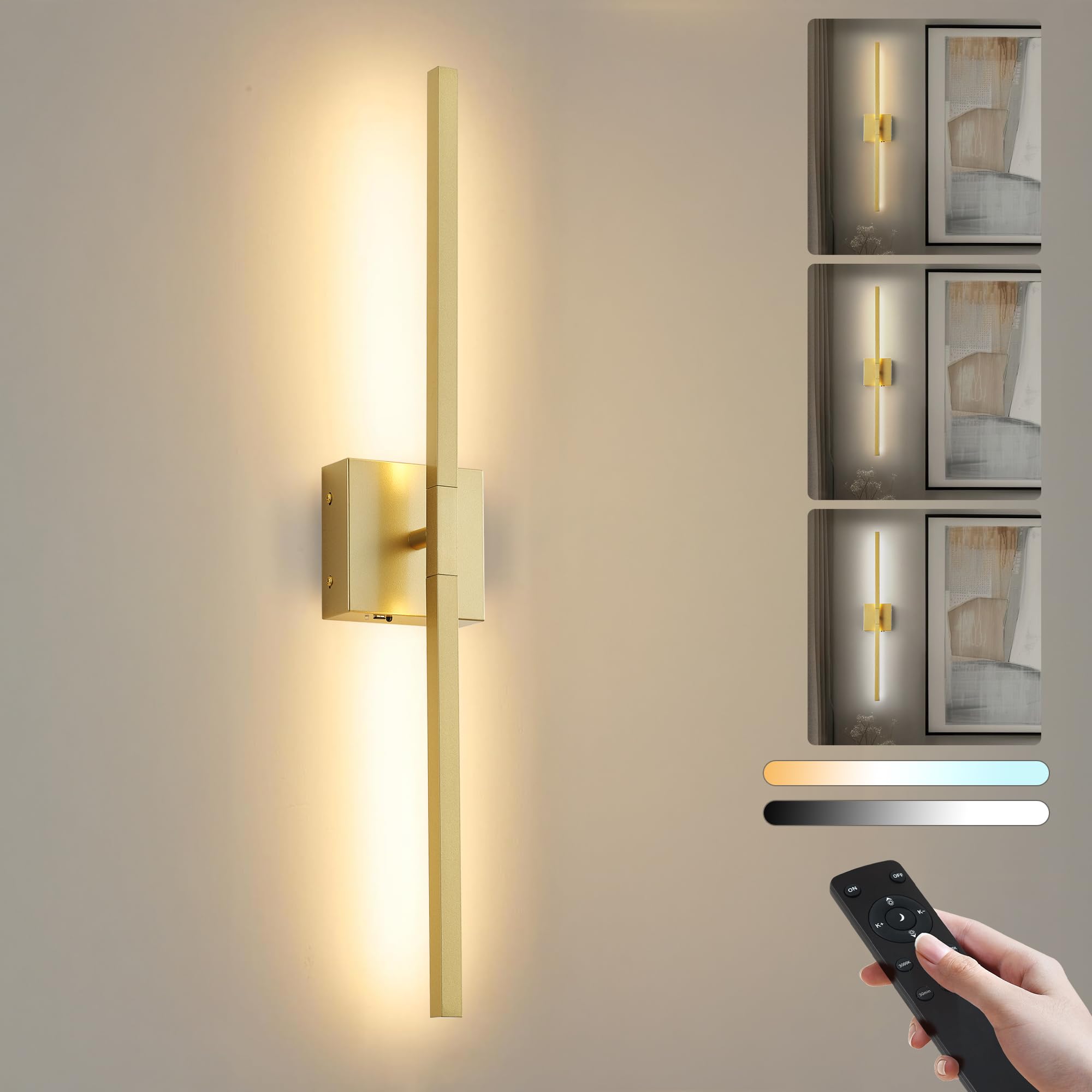 KARTOOSH Wireless Wall Sconce Lamp, Rotatable, Remote Control, Adjustable Color & Brightness, 28.3 inch, Gold, Model ZM320BGD70-1A-N