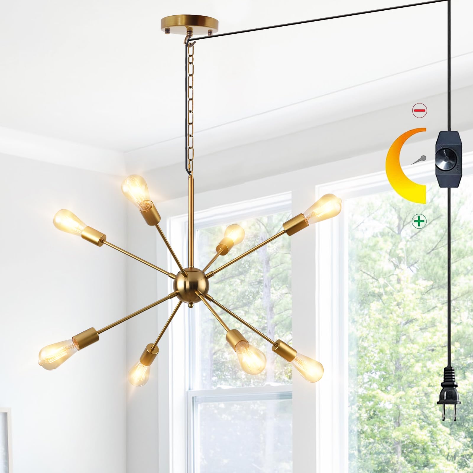 Hoxiya 26.3&quot; Dimmable Brass 8-Light Sputnik Chandelier, Modern Plug-In Pendant Light Fixture