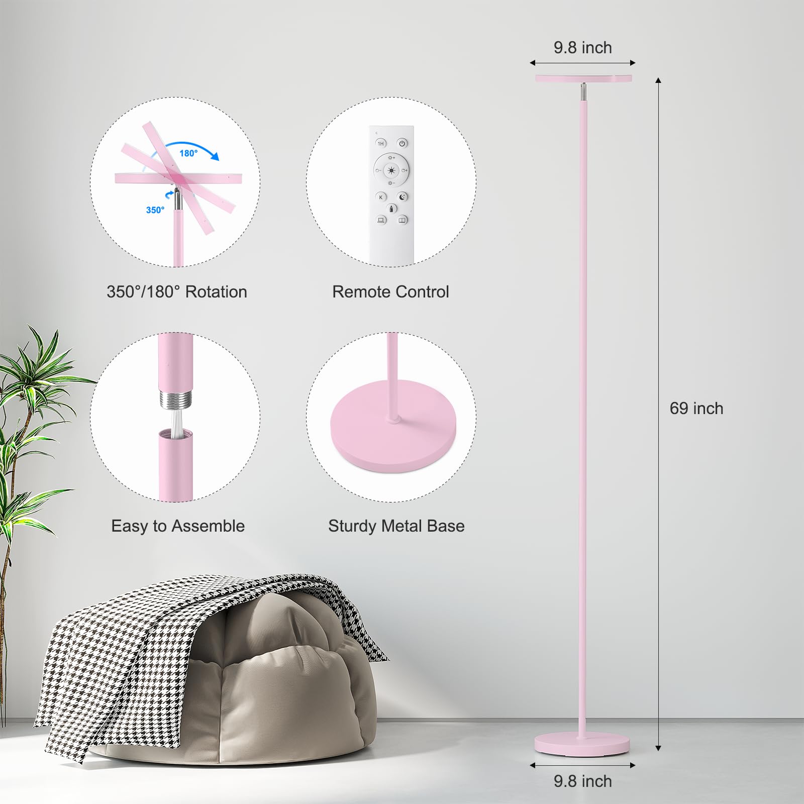 Sunmory Soft Pink Torchiere Floor Lamp For Bedroom And Office - Elegant Standing Lamp With Modern Design, Perfect For Ambient Li