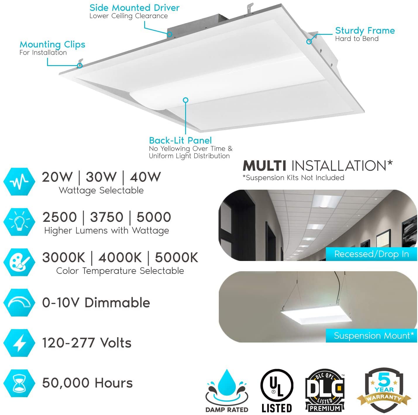 2X2 Ft Center Basket Led Troffer Panel Light, 20/30/40W, 3 Color Options 3000K | 4000K | 5000K, Dimmable Drop Ceiling Lights, 2500/3750/5000 Lumens, Damp Rated, 120-277V, Dlc Premium (4 Pack)