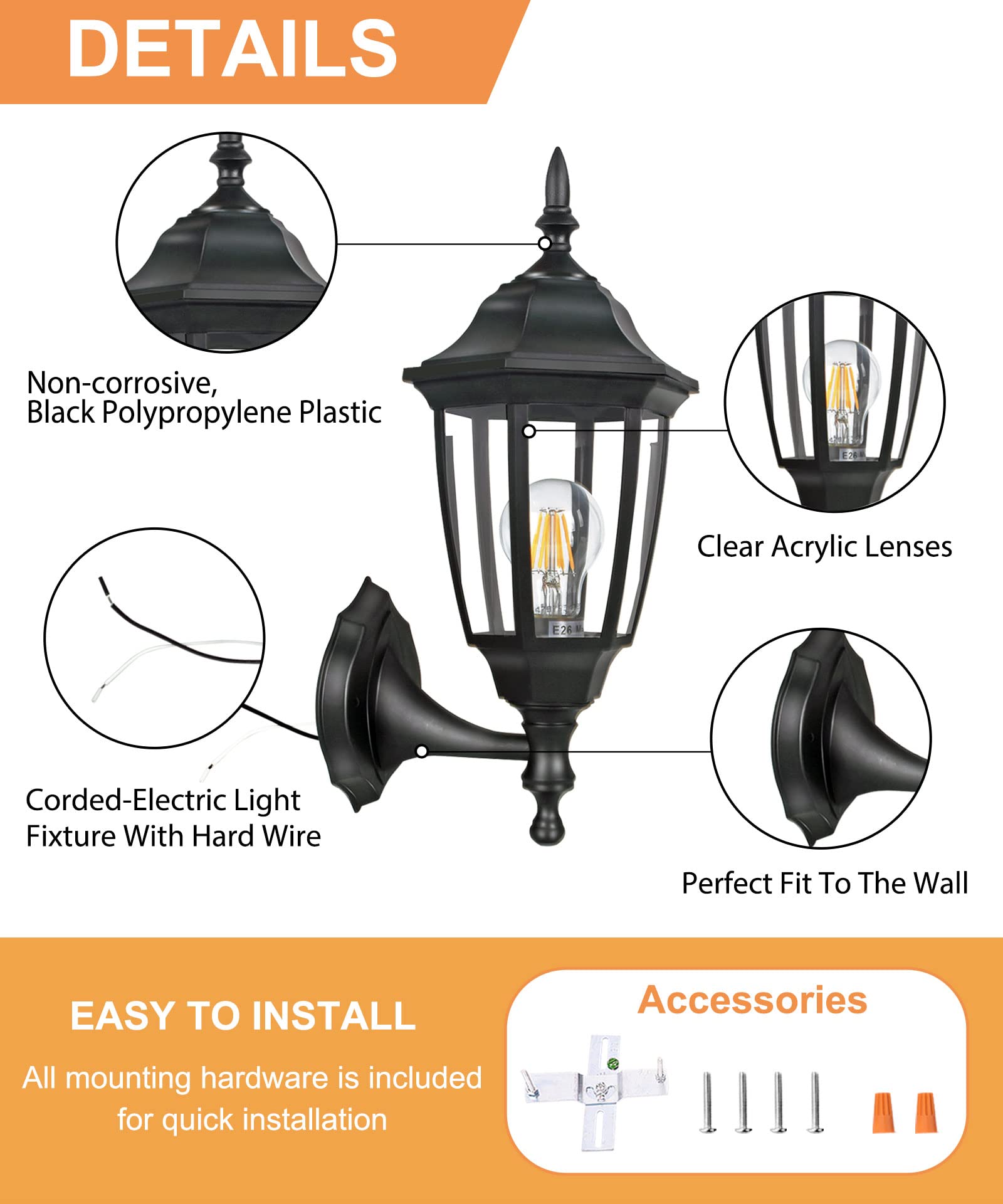 FUDESY Outdoor Wall Sconce Light Fixture - Waterproof Black Plastic Lantern for Front Door, Garage, Patio (Bulb Included)