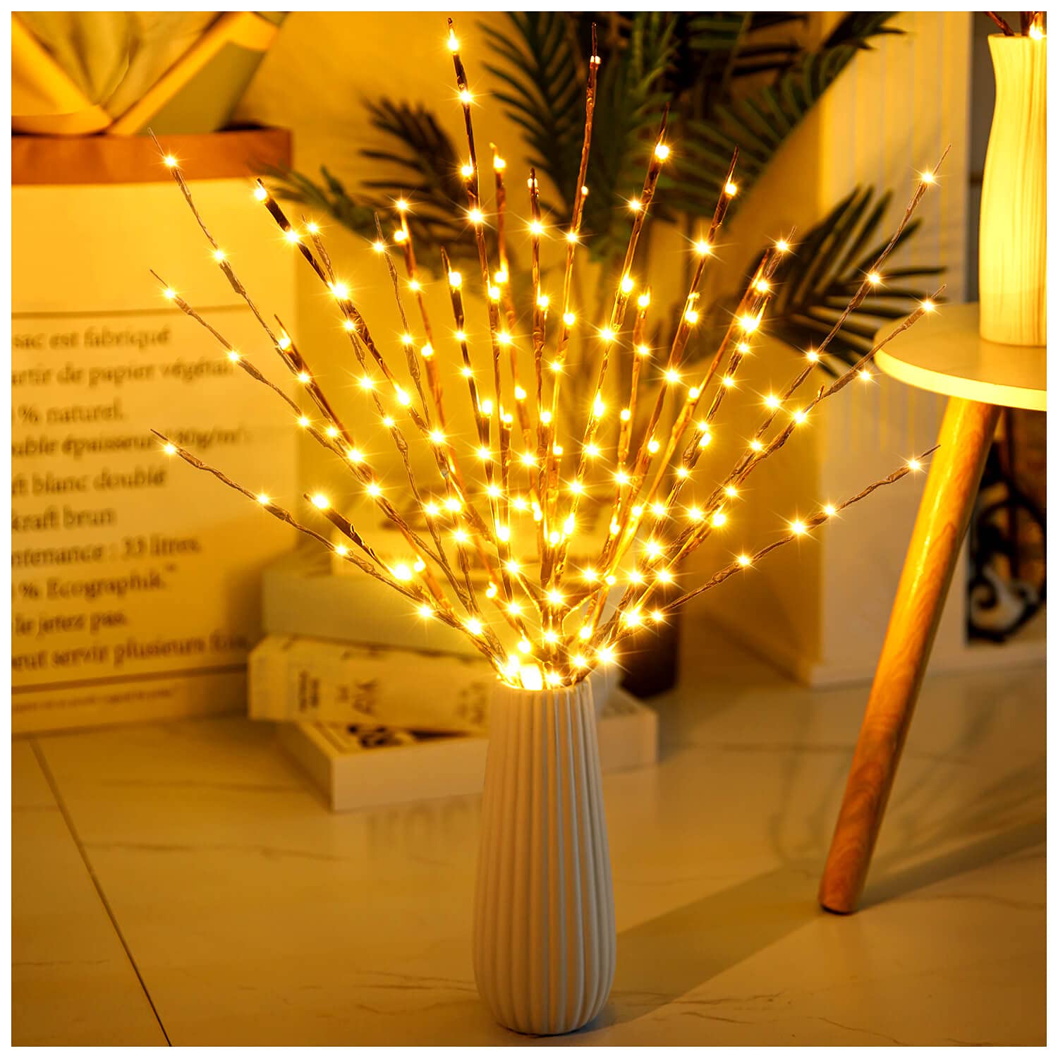 CLESDF Lights Twig - 60 LED Waterproof Branch Lights, Battery Operated, Warm Yellow, 3 Pack, Metal