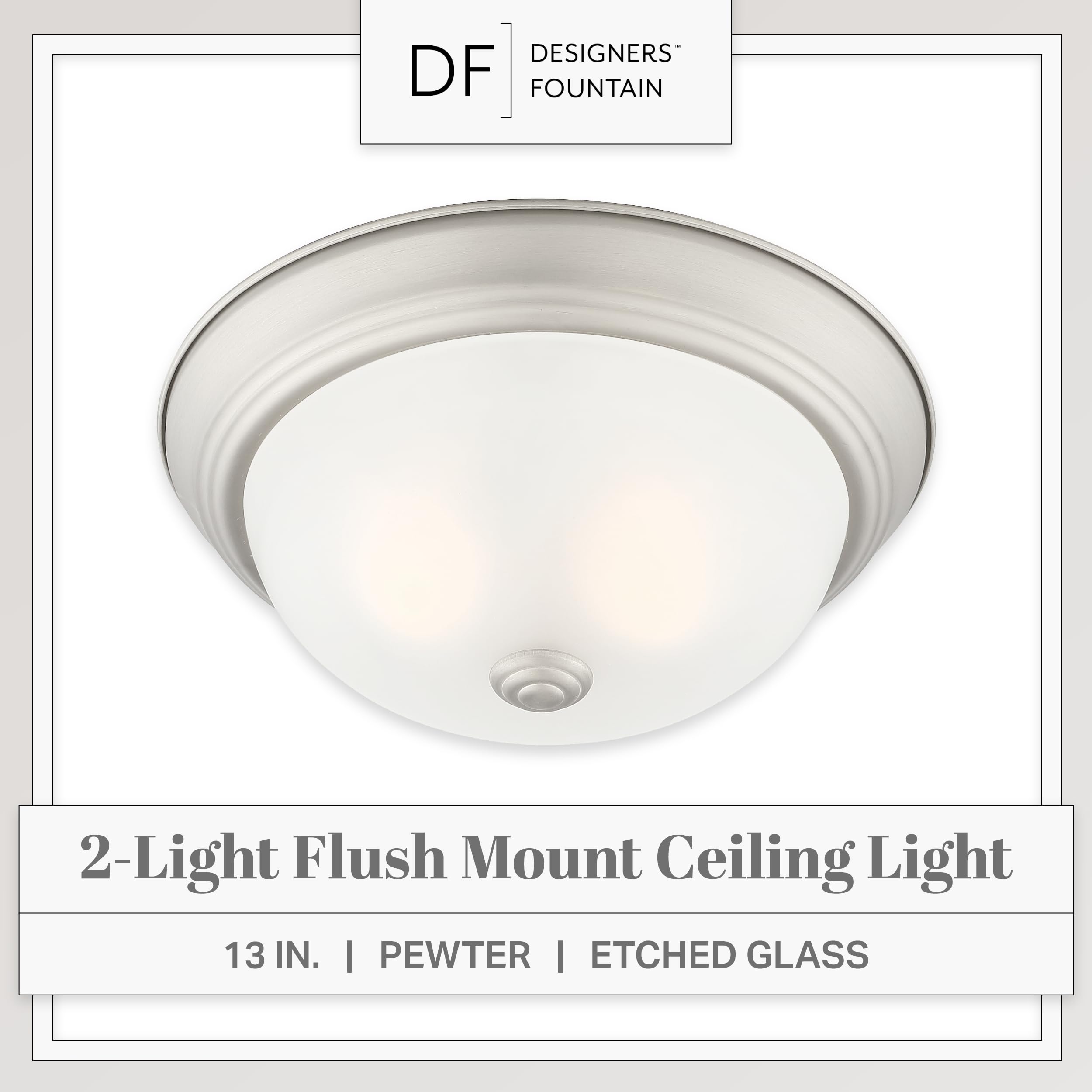 Designers Fountain 2-Light Flush Mount Ceiling Light, 13 Inch Lighting Fixture For Kitchen, Bedroom, Bathroom, And Hallway, Matte Black With Etched Glass, 1257M-Mb-W