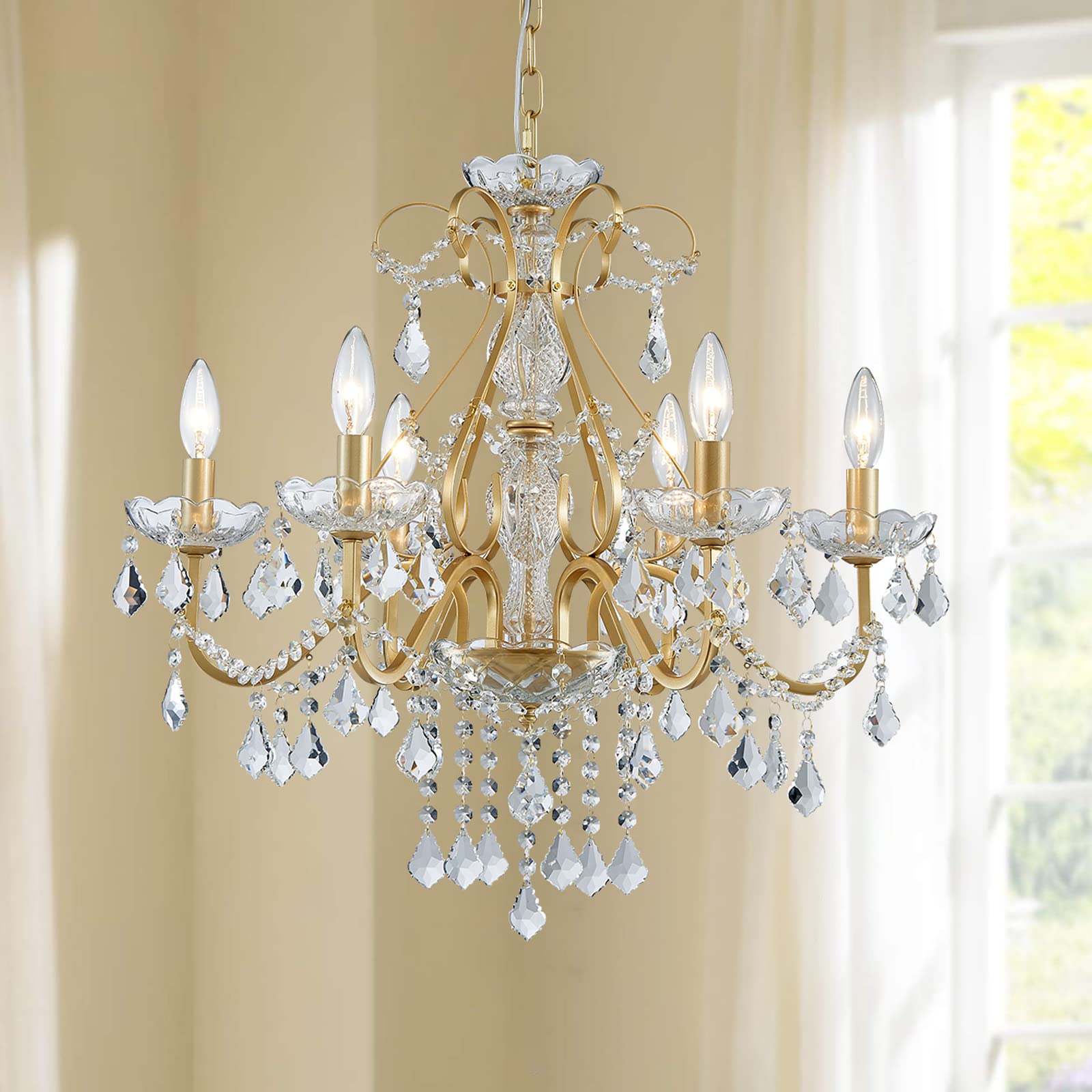Bestier Gold Vintage Candle Chandelier Lighting Fixture, 6 E12 Bulbs, D24" x H26", Ideal for Dining Room, Bathroom, Foyer, Livingroom