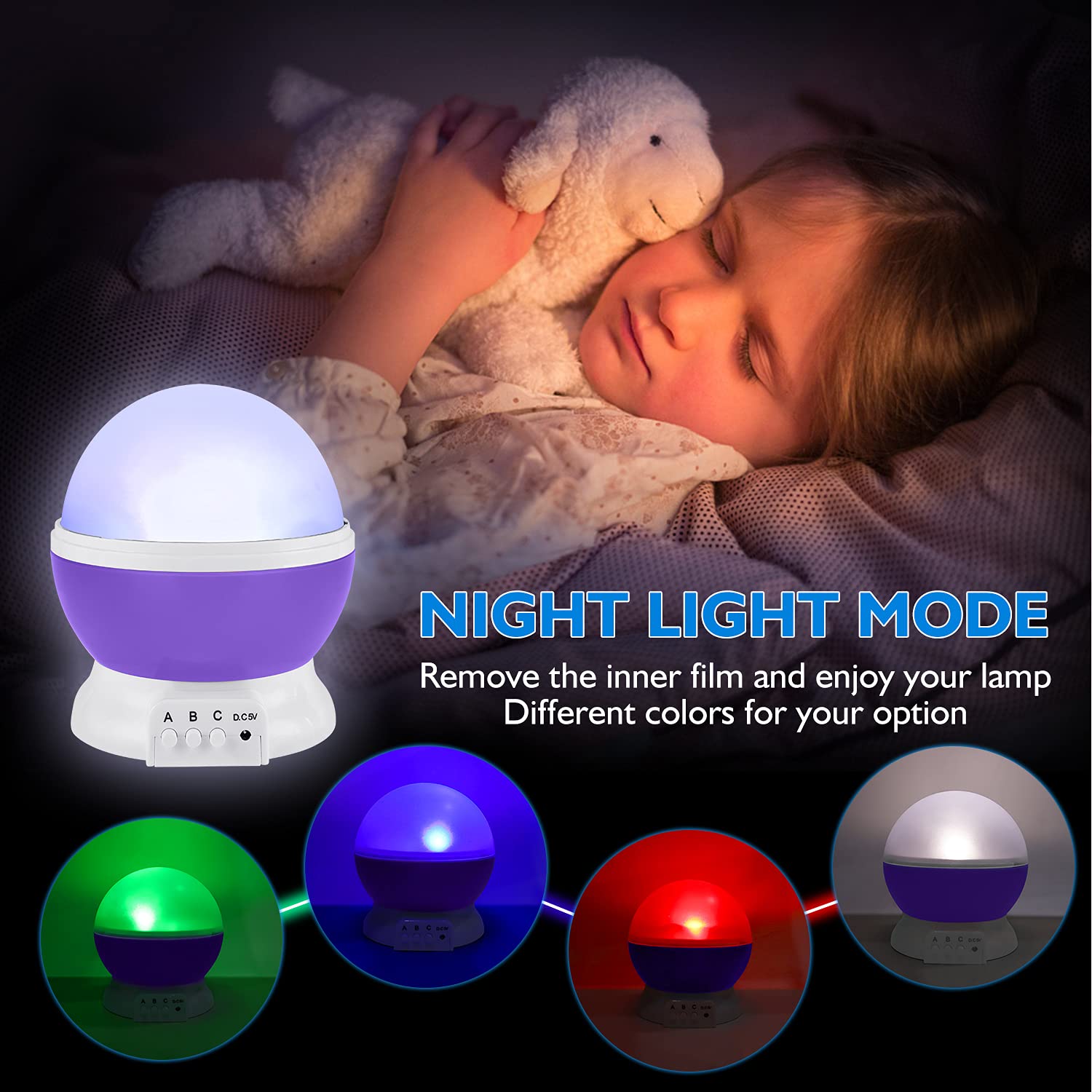 RICTLY Star Night Light Projector, 360° Rotation, 4 LED Bulbs, 12 Color Changing, Purple, Model 012-1361