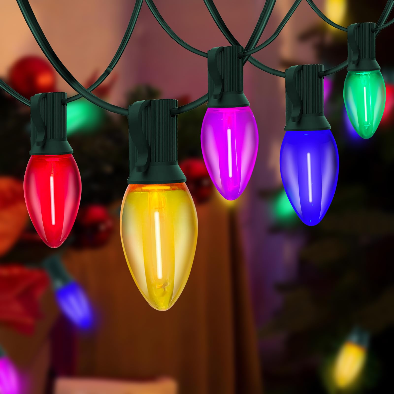 C7 LED Multicolor Christmas String Lights, 25FT with 27 Clear Bulbs, Hanging Outdoor Christmas Decorations for Tree, Patio, Gard