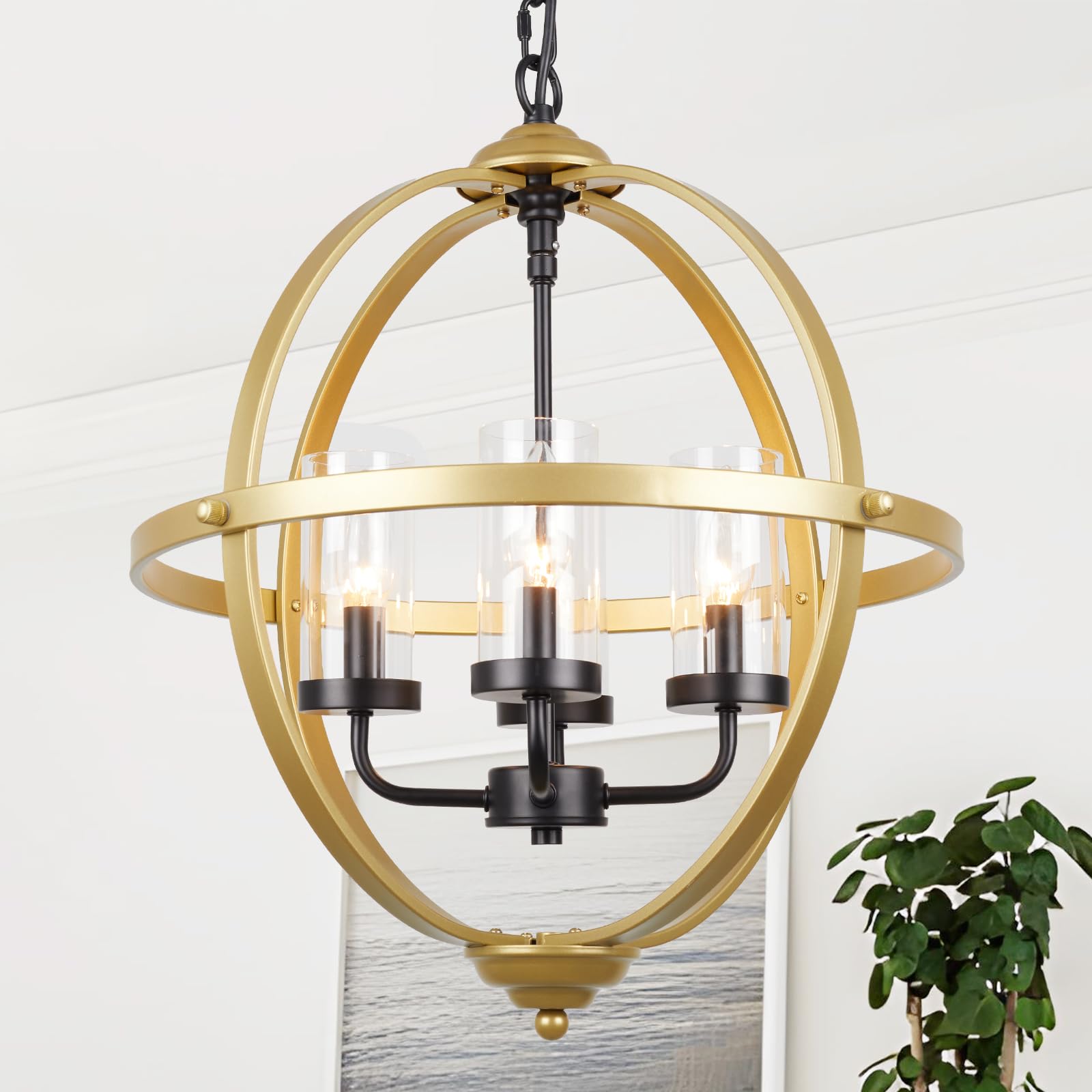 Treekee 4-Light Globe Orb Chandelier, Adjustable Modern Pendant Light, 17in  Iron, Gold