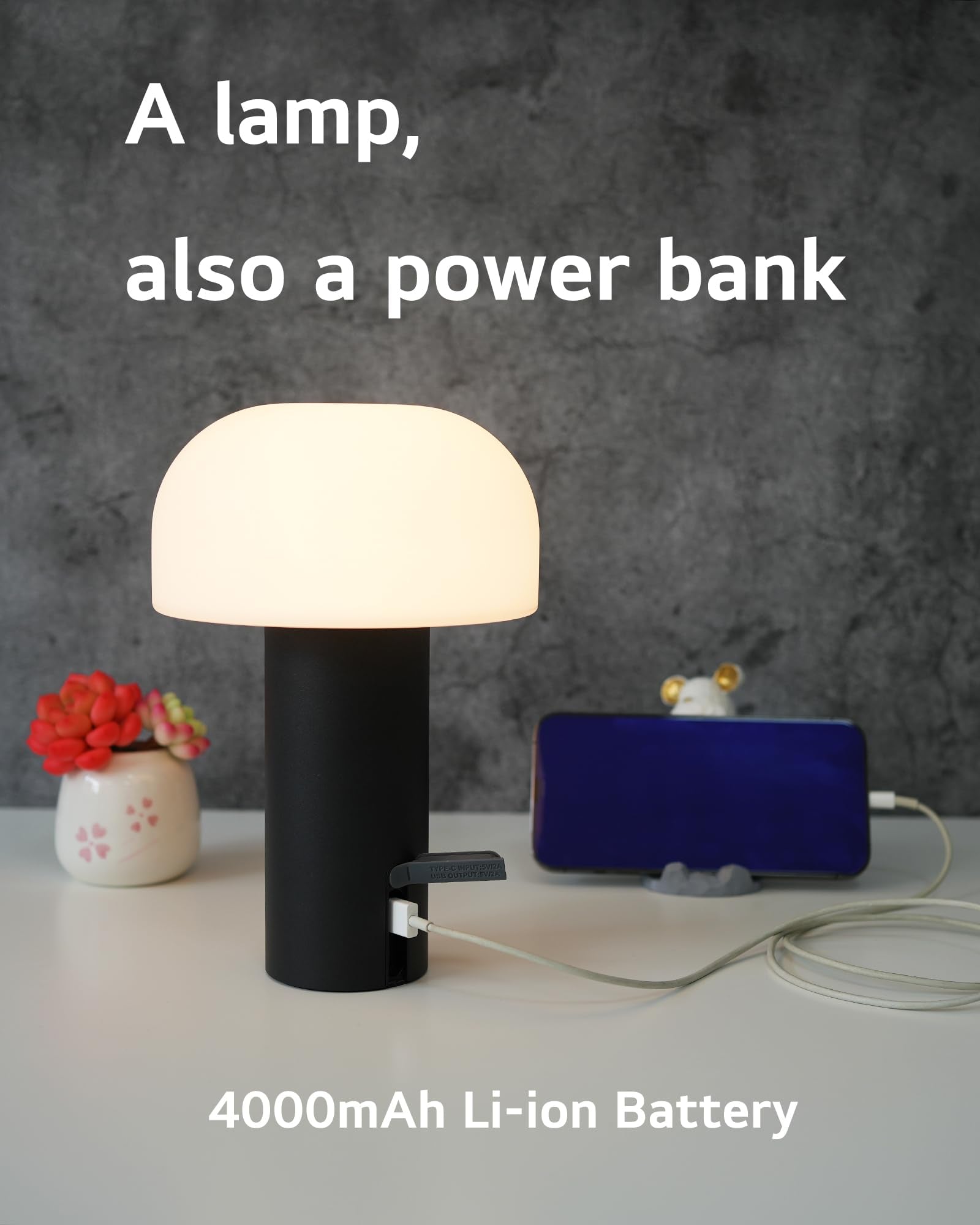 Ilovinit Rechargeable Outdoor Mushroom Table Lamp - Waterproof, Cordless, Touch Dimming, Black