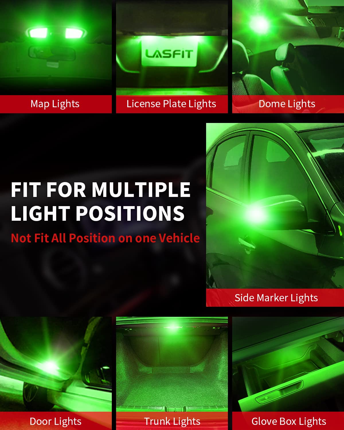LASFIT LED Bulb T10 194 2825 W5W 400LM 6000K Green Pack of 2 Non-Polarity Canbus Error Free