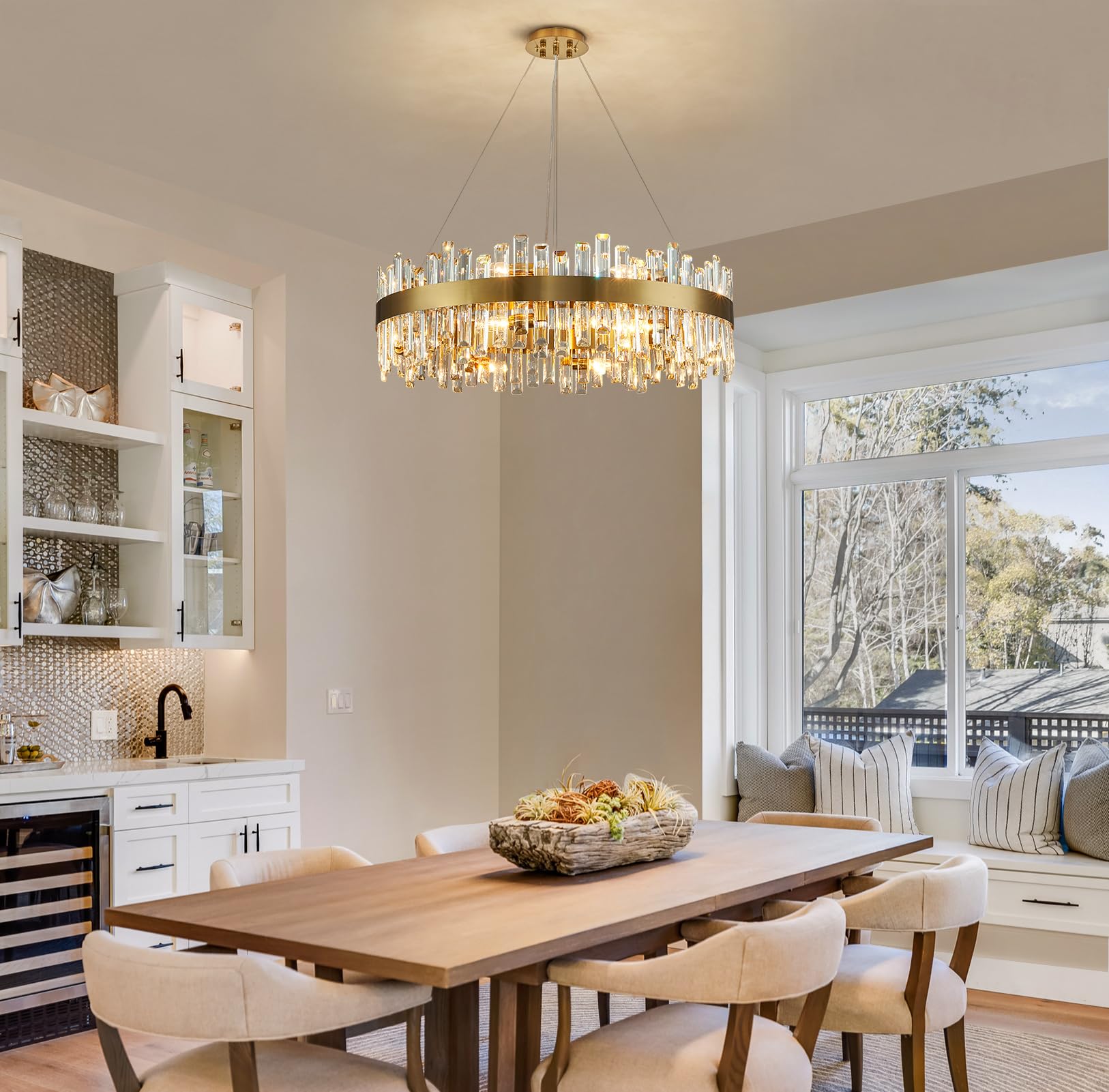 Siljoy Modern Crystal Chandelier 16 Lights Brass Gold Round D31.5in  Clear K9 Crystal Semi Flush Mount for Dining Living Room Bedroom