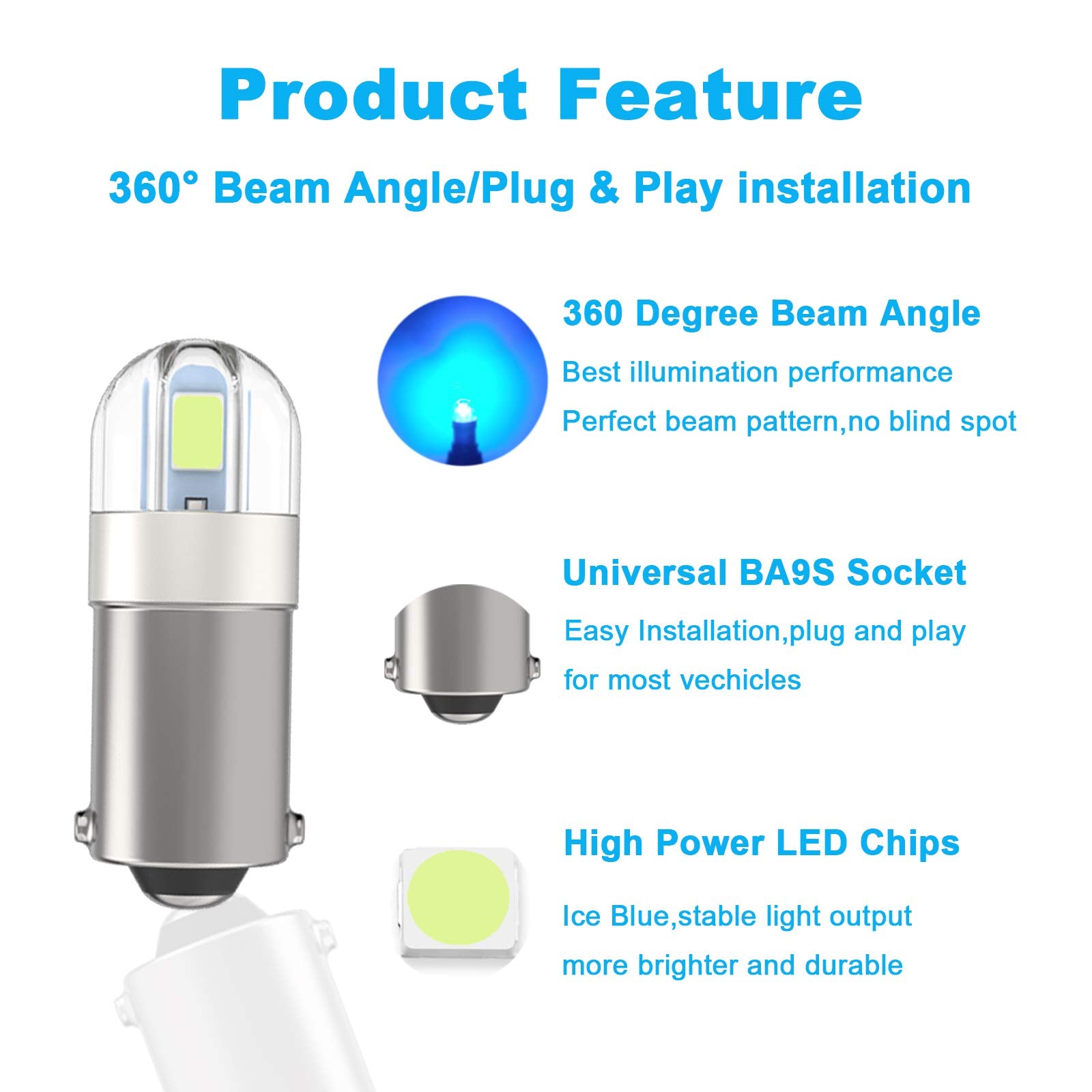 Serundo Auto BA9S LED Bulb Pack of 10, 2SMD 3030 Chips, Ice Blue, for Car Interior Dome, Map, License Plate, Glove Box Light