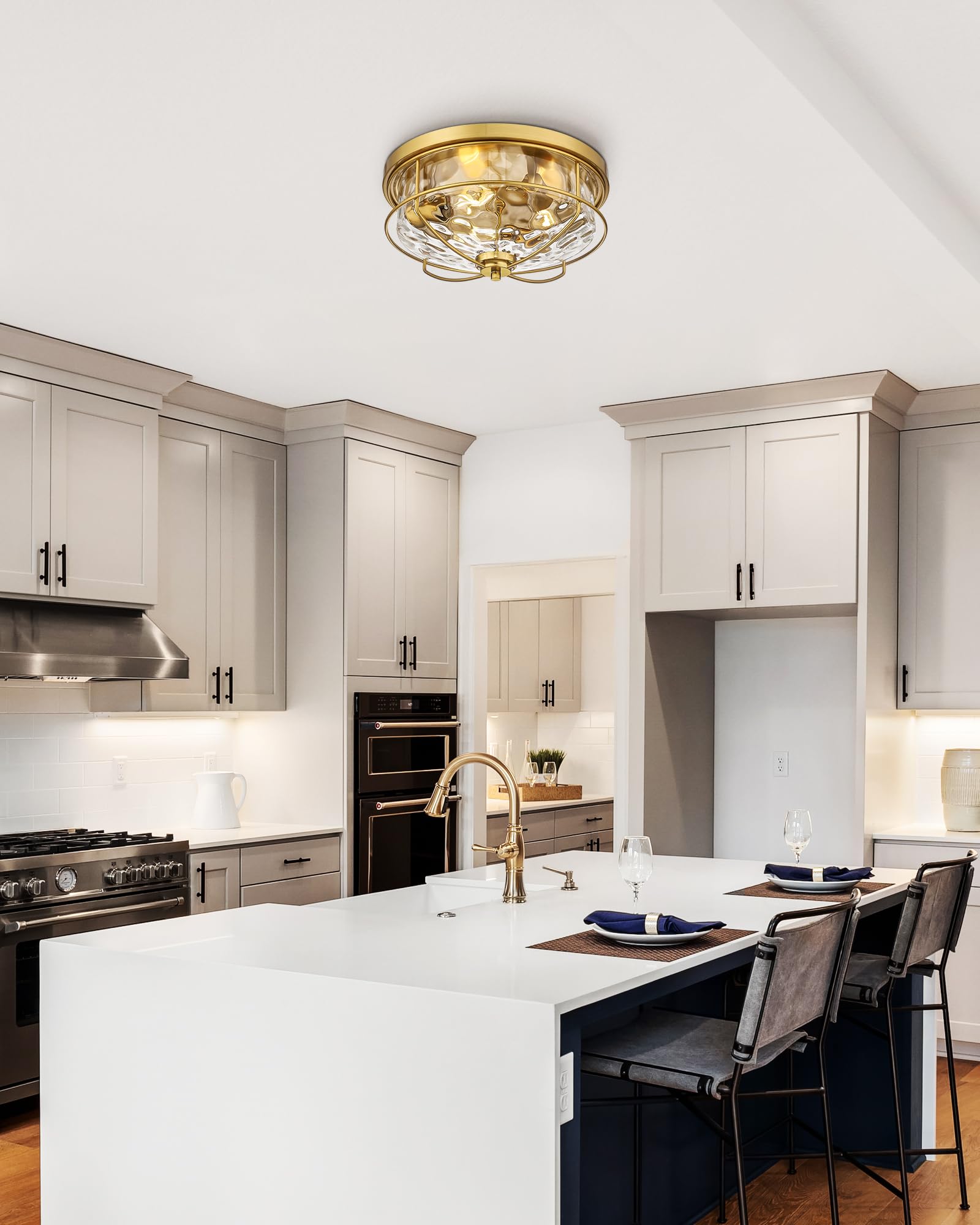 15 Inch Flush Mount Ceiling Light, Hwh 3-Light Modern Close To Ceiling Light Fixtures Brushed Gold Finish For Kitchen Porch Foye