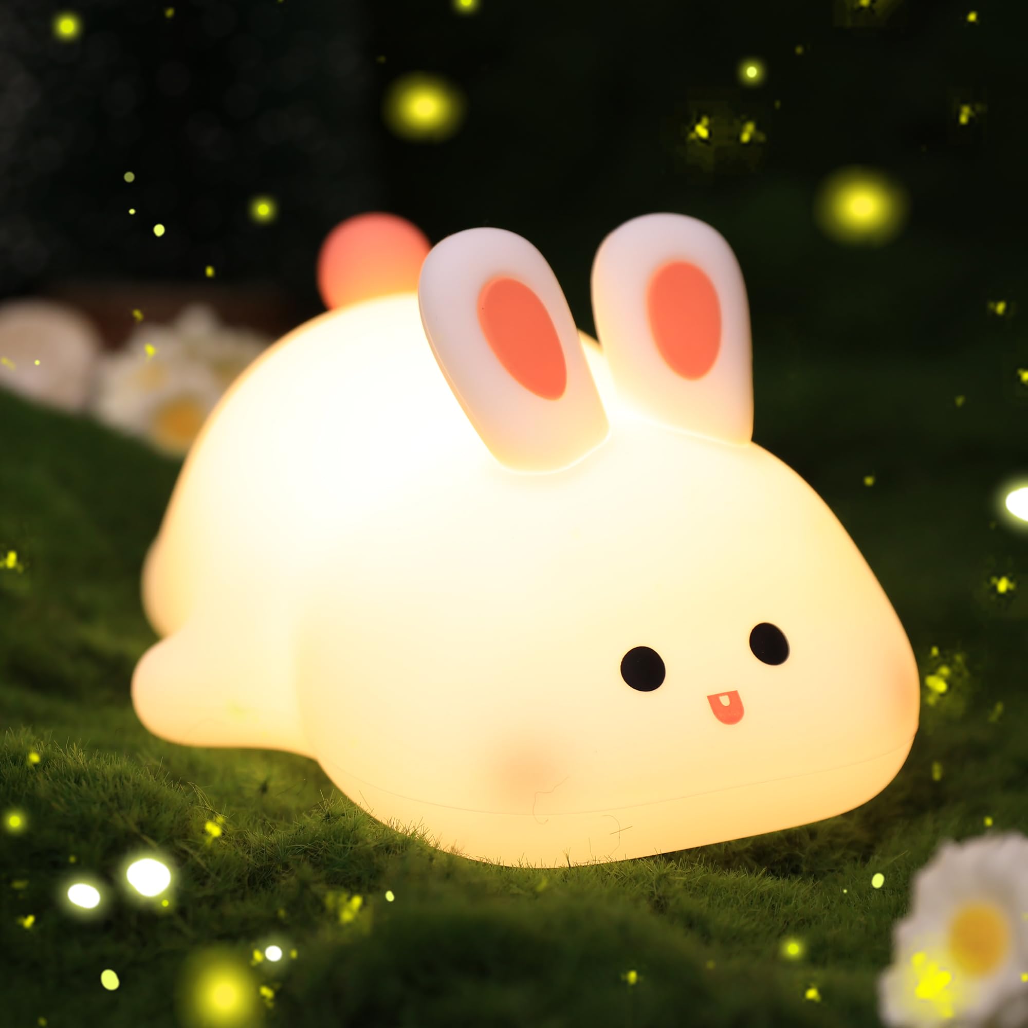 OkiyiD Bunny Lamp,Big Face Rabbit Night Light for Kids, Cute Easter Bunny Gifts, Kawaii Nursery Bedroom Decor, Rechargeable Sili