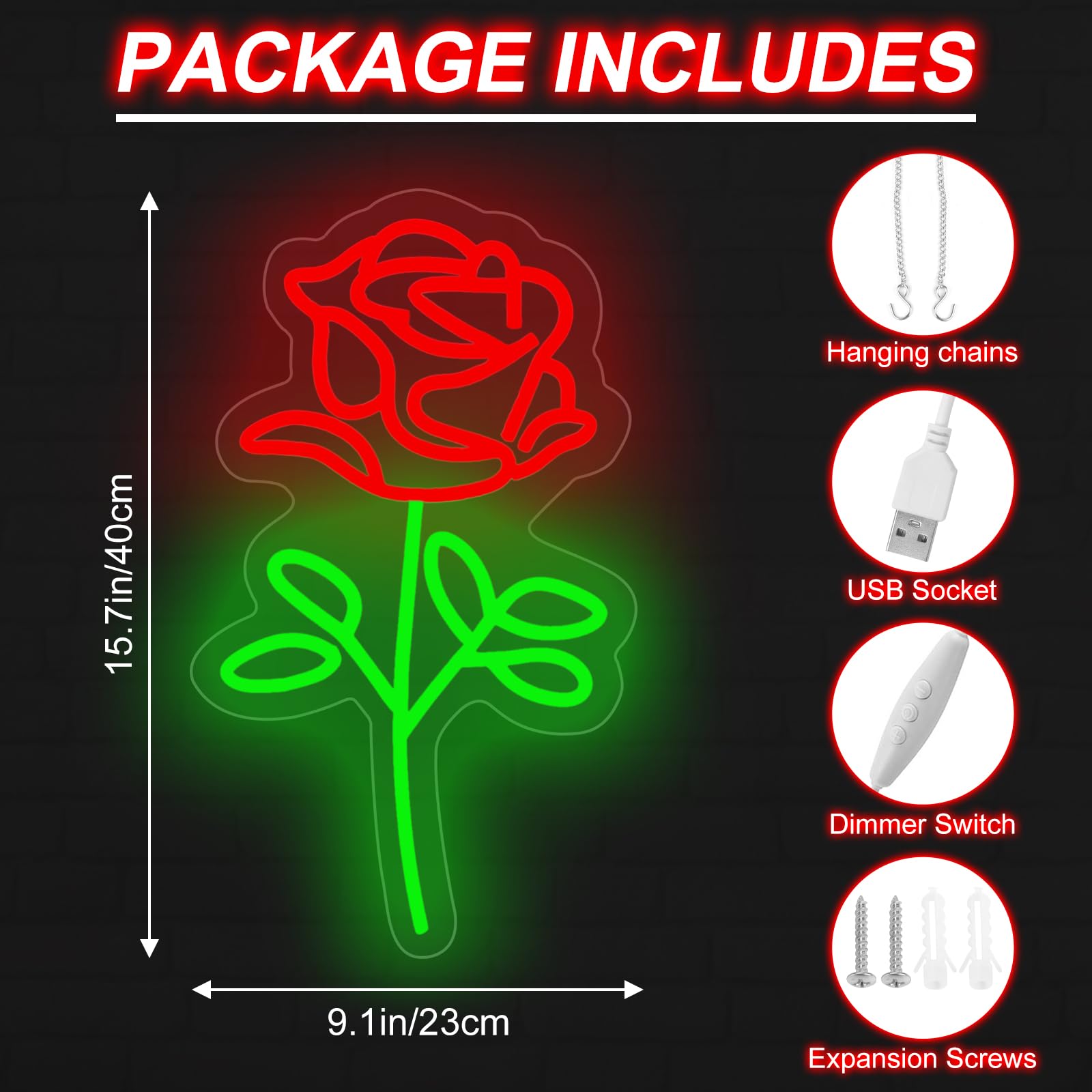 DMDMBSR LED Neon Light Sign - Red Rose Flowers, USB Dimmer, Acrylic Back Panel, 15.7inx9.1in, Home Decor, Party, Wedding, Night Lamp